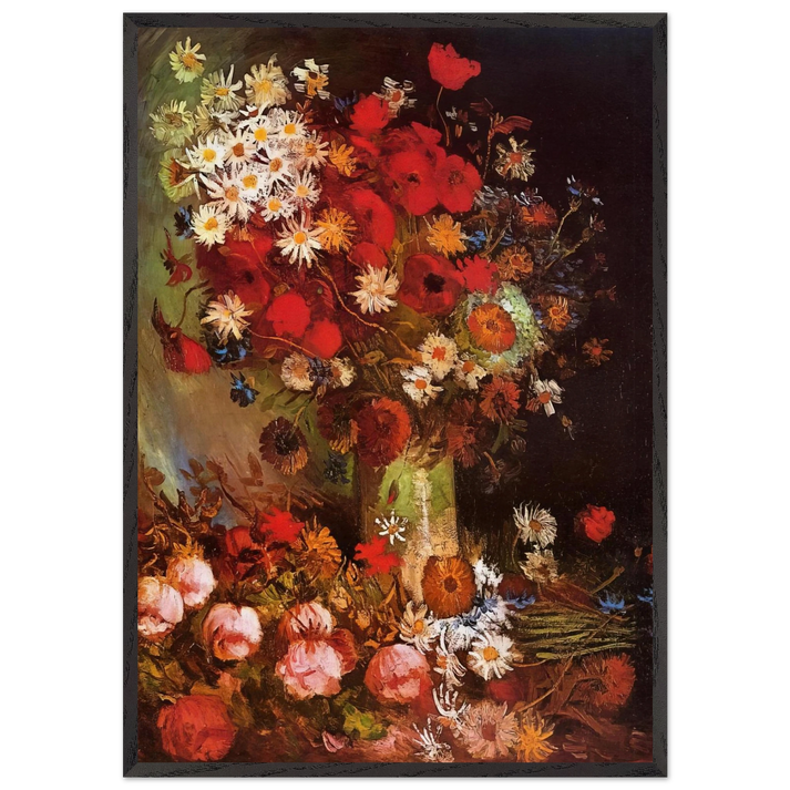 Vase with Poppies Cornflowers Peonies and Chrysanthemums - Vincent van Gogh 70x100 cm / 28x40 inches Framed Art Print – Black Wooden Frame