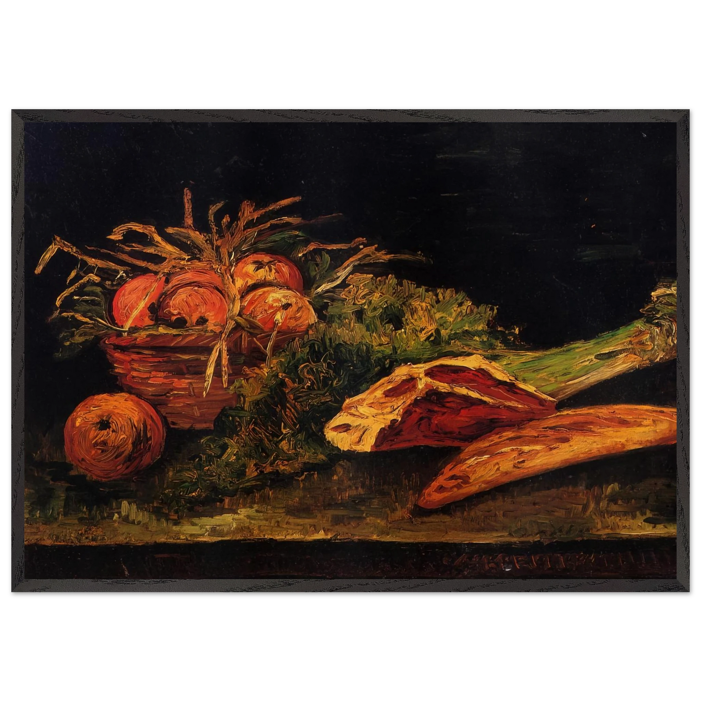 Still Life with Apples Meat and a Roll - Vincent van Gogh Framed Art Print – Black Wooden Frame - Default Title - -Framed Art Print