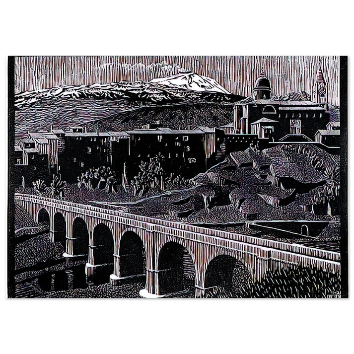 MC Escher - RANDAZZO AND MOUNT ETNA SICILY JANUARY 1933 1933 Wall Art - 60x80 cm / 24x32 inches - Premium Wooden Framed Poster With Fine Art Paper-canvas - Wood frame