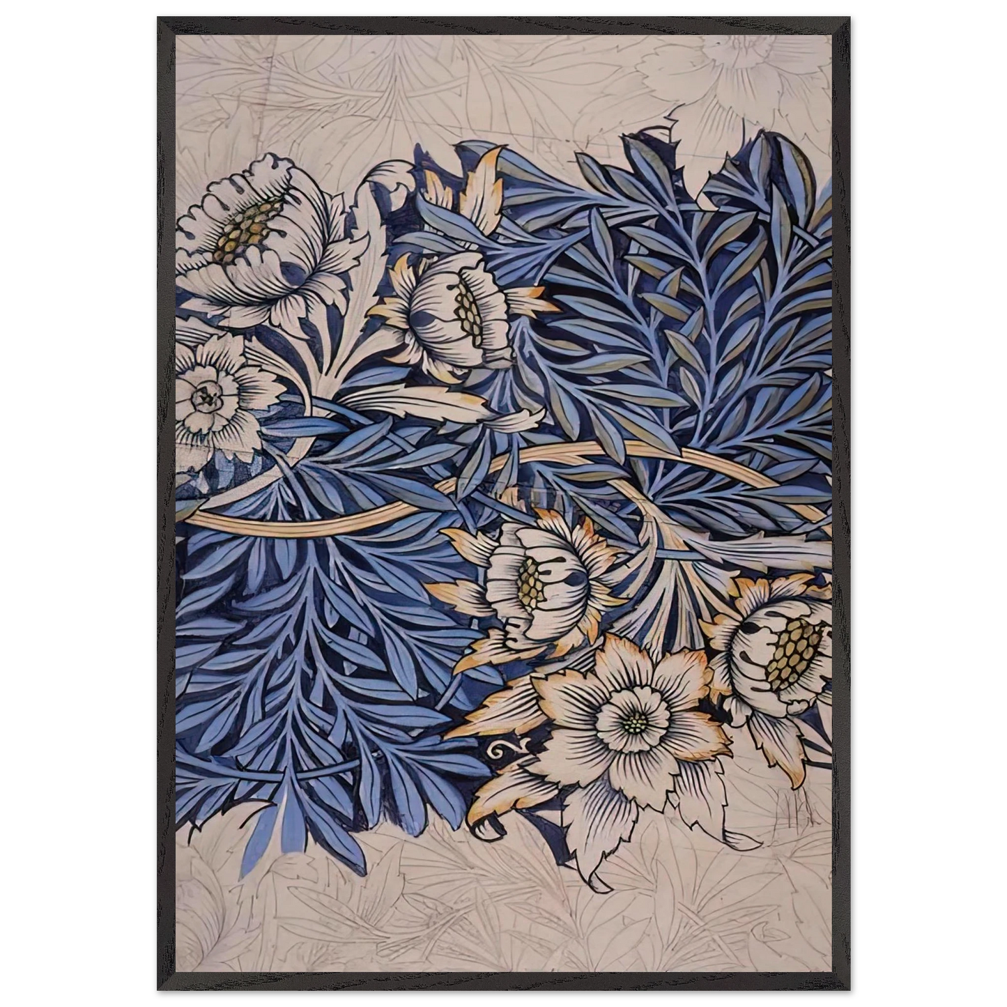 DESIGN FOR TULIP AND WILLOW INDIGO DISCHARGE WOOD BLOCK PRINTED FABRIC 1873 - William Morris Framed Art Print – Black Wooden Frame - Default Title - -Framed Art Print