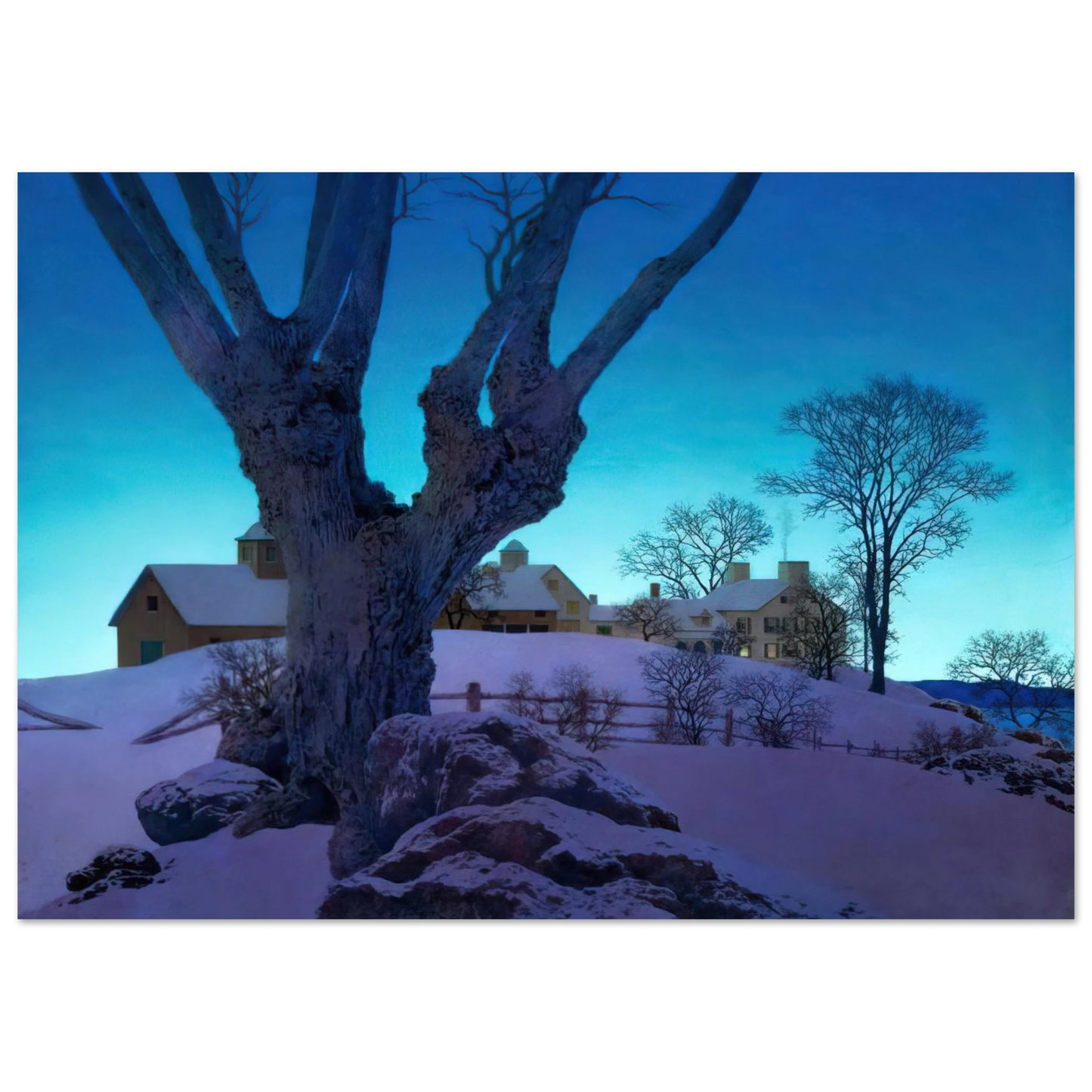 Maxfield Parrish - Hill Top Farm, Winter Wall Art - 21x29.7 cm / 8x12" - Premium Wooden Framed Poster With Fine Art Paper-canvas - White frame