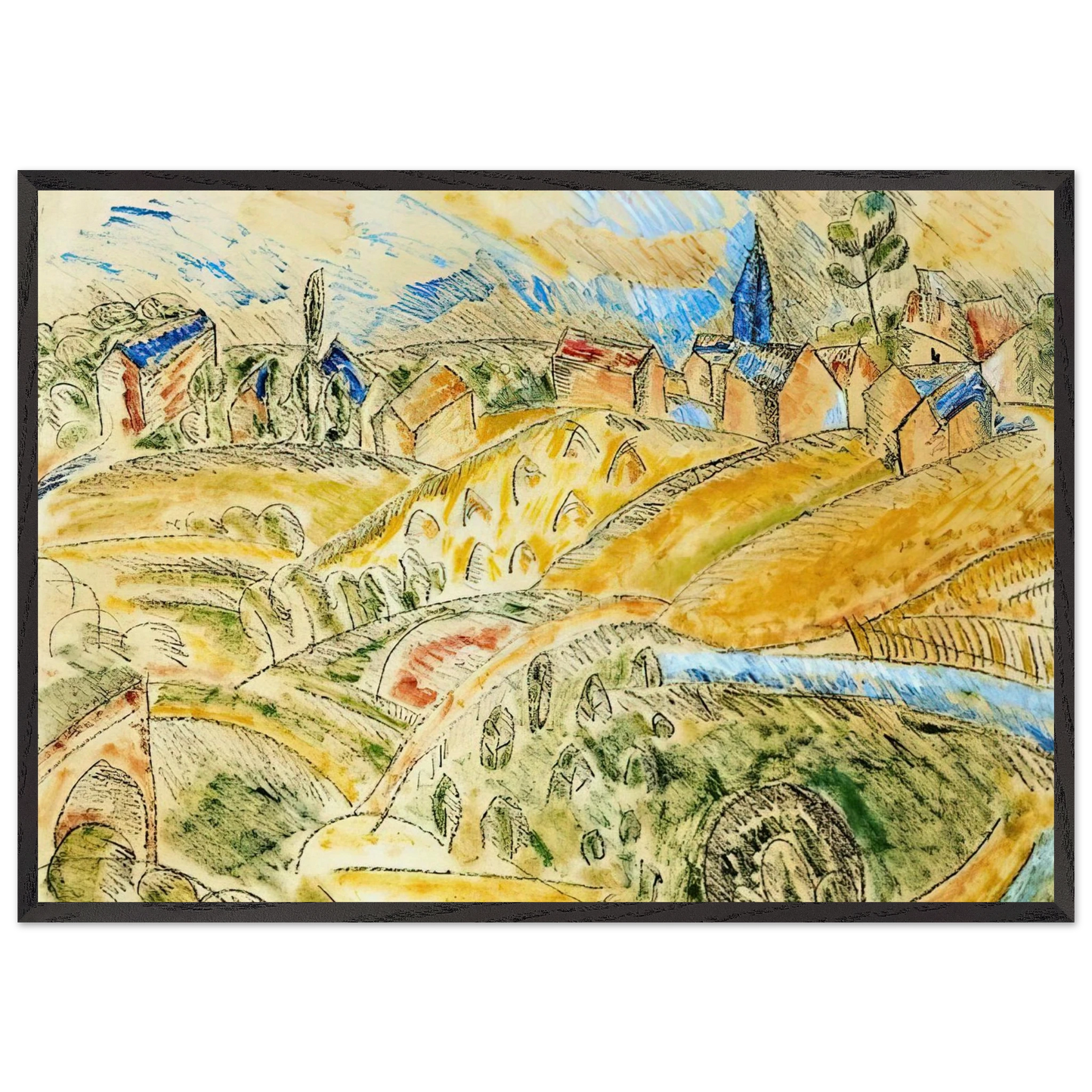 CUBIST LANDSCAPE WITH HAYSTACKS - Raoul Dufy 70x100 cm / 28x40 inches Framed Art Print – Black Wooden Frame