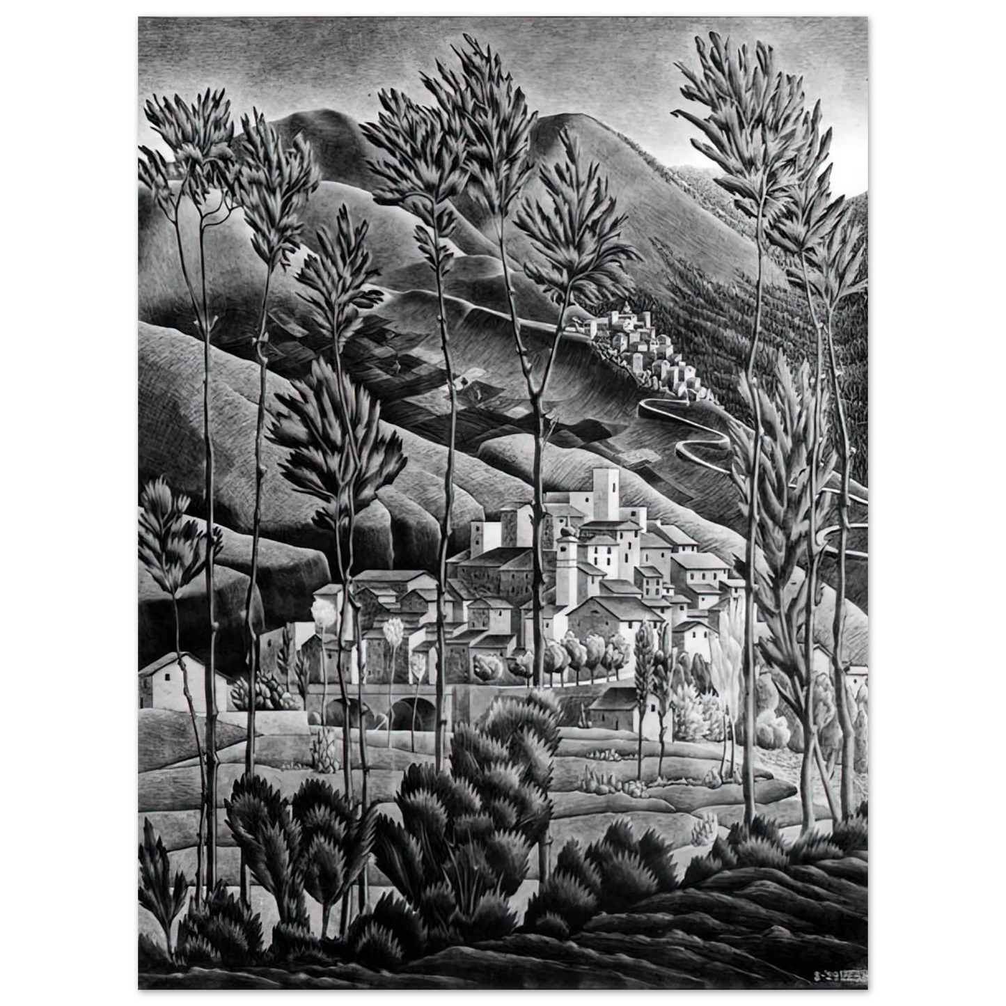 MC Escher - ALFEDENA ABRUZZI Wall Art - 60x80 cm / 24x32 inches - Premium Wooden Framed Poster With Fine Art Paper - Wood frame