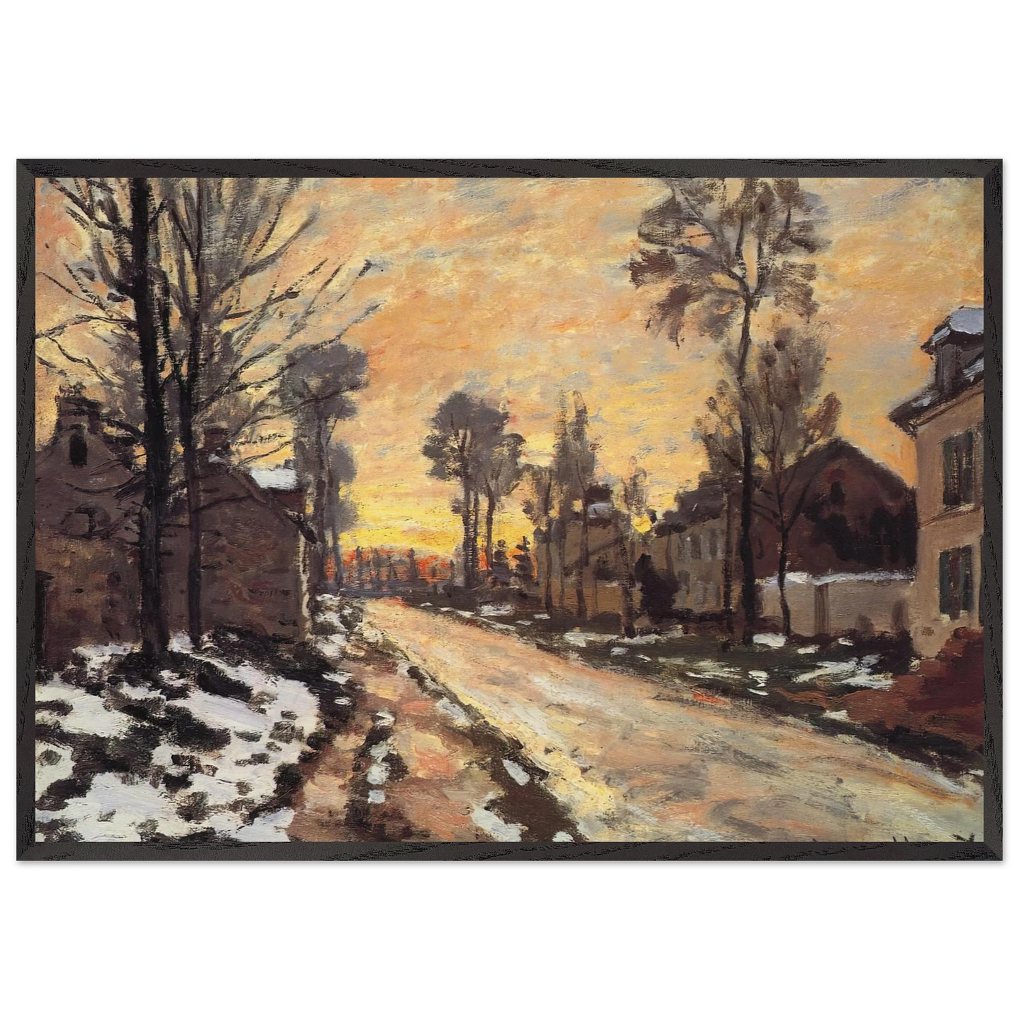 Road at Louveciennes Melting Snow Sunset - claude monet Framed Art Print – Black Wooden Frame - Default Title - -Framed Art Print