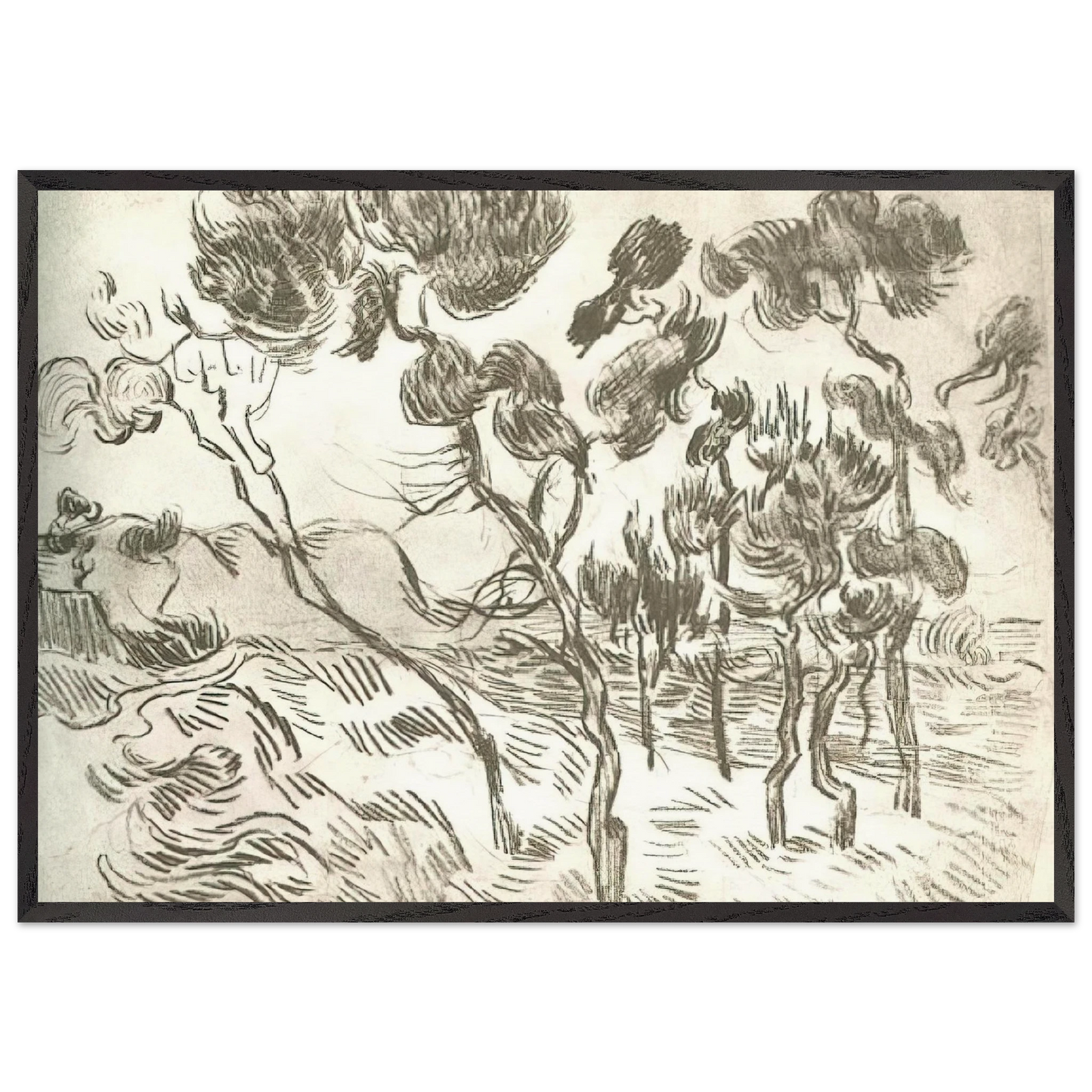 A Group of Pine Trees near a House - Vincent van Gogh Framed Art Print – Black Wooden Frame - Default Title - -Framed Art Print