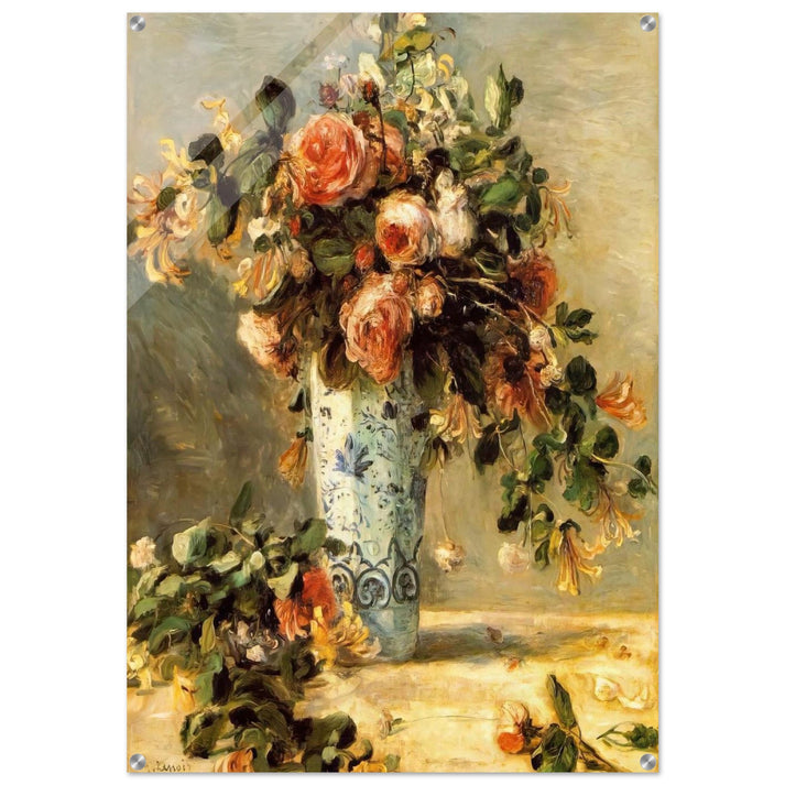 Roses and Jasmine in a Delft Vase - Pierre-Auguste Renoir Acrylic Print - 70x100 cm / 28x40″ inches | Pierre-Auguste Renoir Wall Art | Pierre-Auguste Renoir Prints