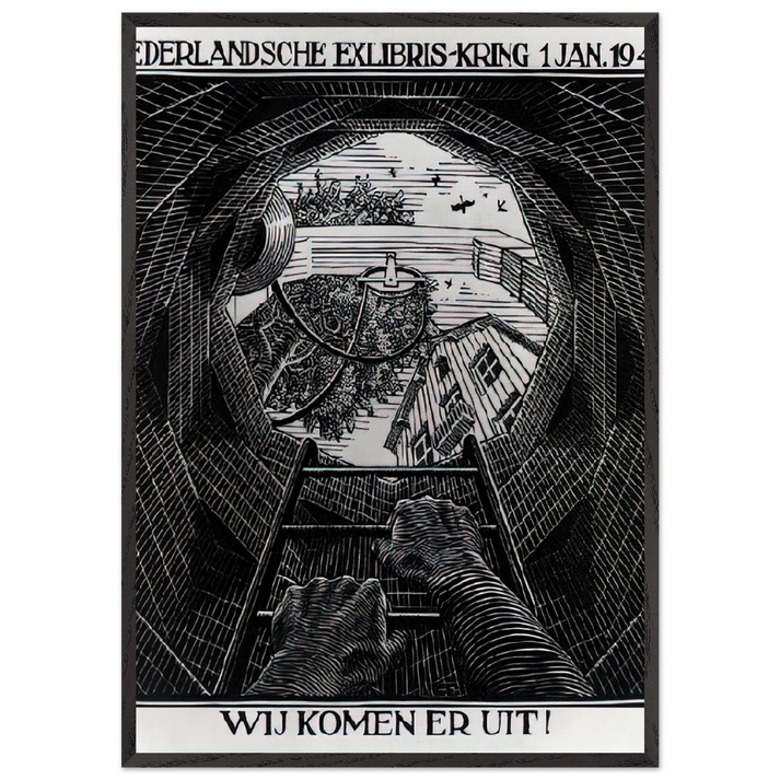 NEW YEAR S GREETING CARD - MC Escher 70x100 cm / 28x40 inches Framed Art Print – Black Wooden Frame | Maurits Cornelis Escher Prints