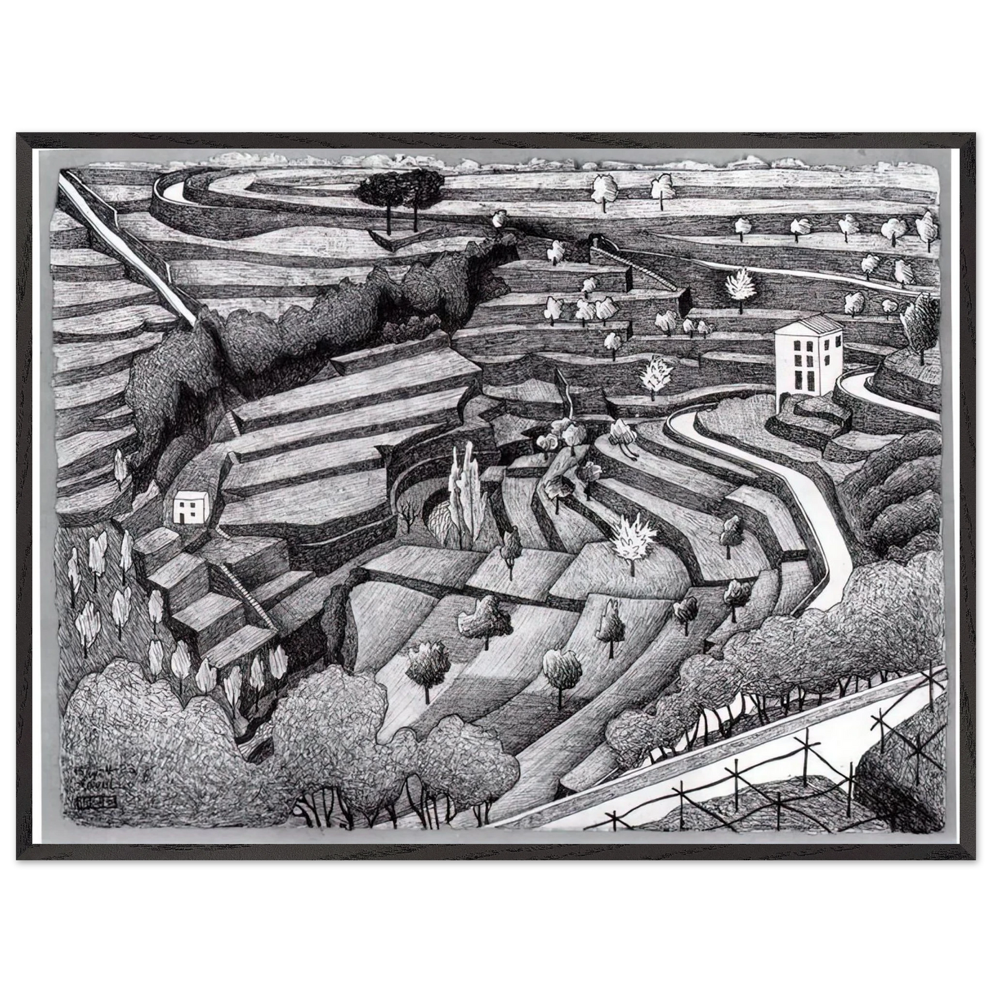 MC Escher - RAVELLO II Wall Art - 60x80 cm / 24x32 inches - Premium Wooden Framed Poster With Fine Art Paper-canvas - Wood frame