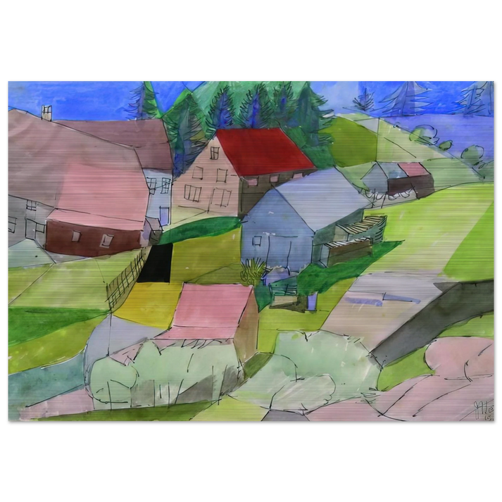 Häuser im Schwarzwald - Naïve Art Primitivism - Johannes Itten Brushed Aluminum Print - 70x100 cm / 28x40 inches | Johannes Itten Aluminum Print | Johannes Itten Prints
