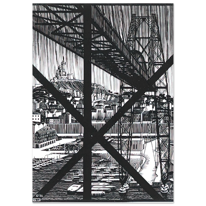 MC Escher - MARCEILLES DECEMBER 1936 1936 Wall Art - 21x29.7 cm / 8x12" - Premium Wooden Framed Poster With Fine Art Paper - White frame