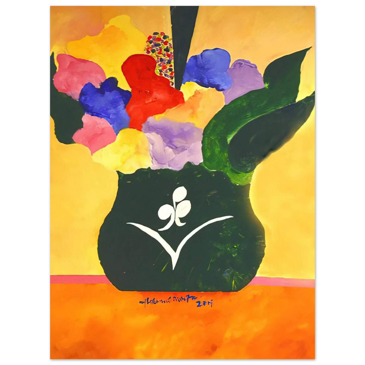 Aldemir Martins - Green Vase With Flowers and Fruit - 2001 Fine Art Poster - Default Title