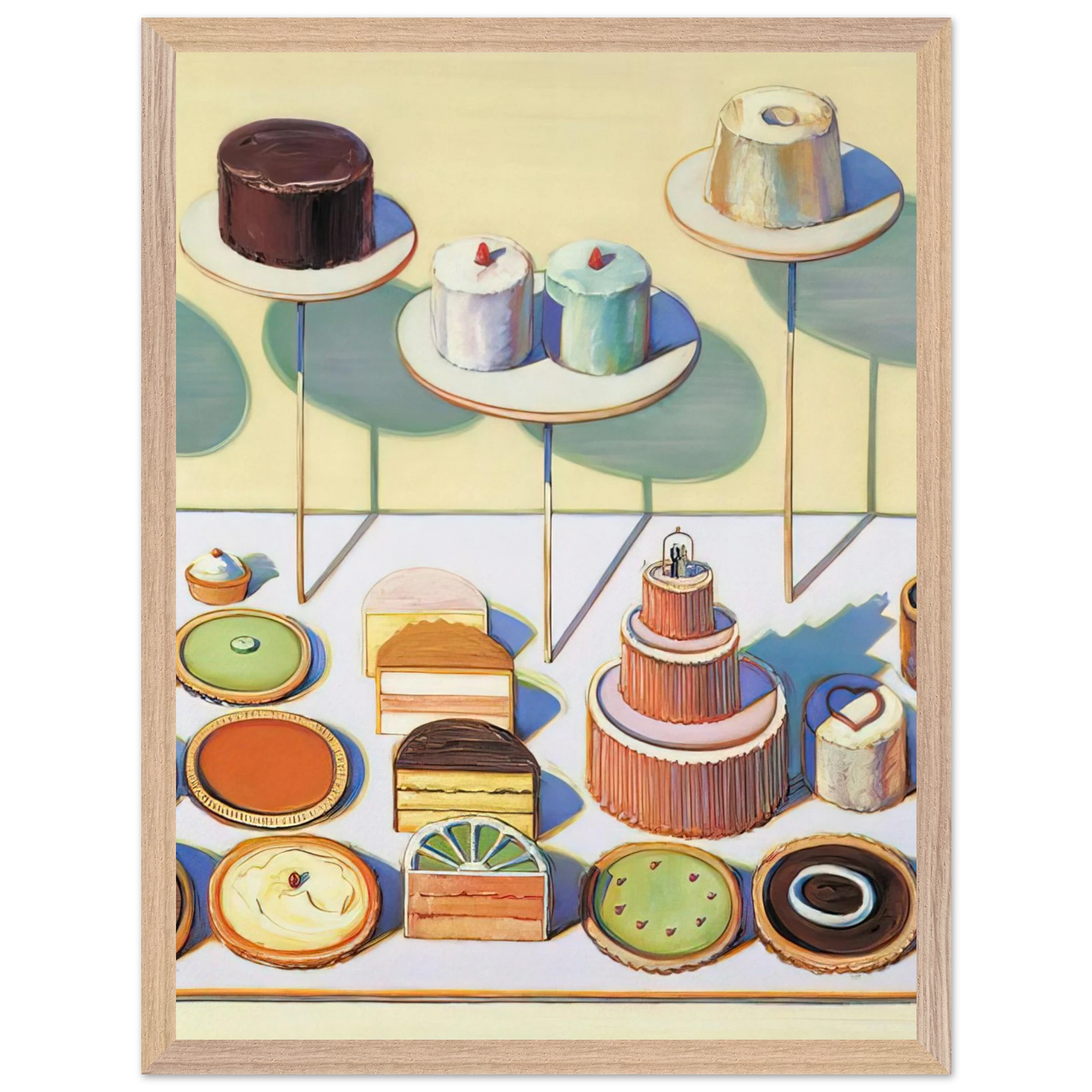 Wayne Thiebaud - Cakes and Pies - 1995 Wall Art - 60x80 cm / 24x32 inches - Premium Wooden Framed Poster With Fine Art Paper-canvas - Wood frame