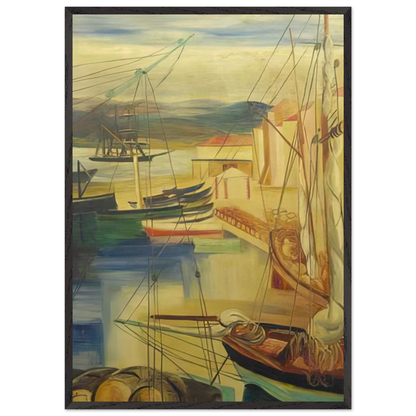 SHIPS MOORED ALONG THE DOCKS - Moise Kisling Framed Art Print – Black Wooden Frame - Default Title - -Framed Art Print