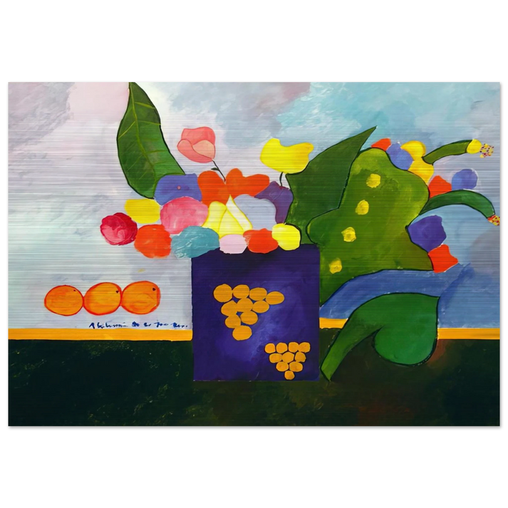 Vase With Flowers and Fruit - 2001 - Aldemir Martins Brushed Aluminum Print - 70x100 cm / 28x40 inches | Aldemir Martins Aluminum Print | Aldemir Martins Prints