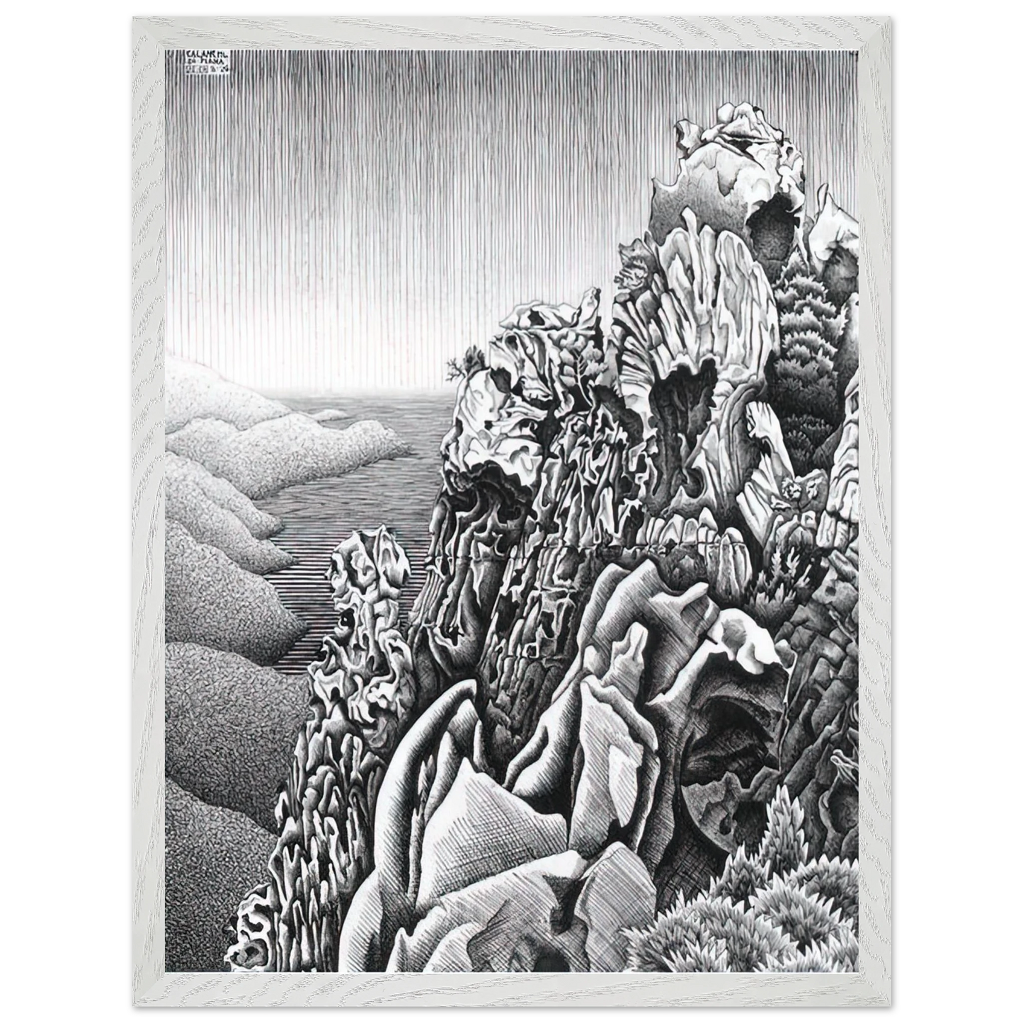 MC Escher - CALANQUES DE PIANA Wall Art - 30x40 cm / 12x16 inches - Premium Wooden Framed Poster With Fine Art Paper - Black frame