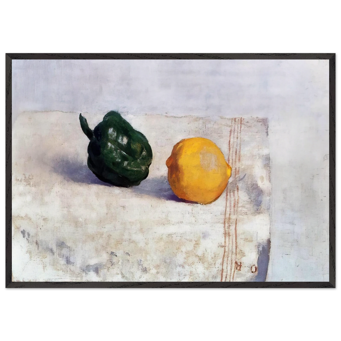 PEPPER AND LEMON ON A WHITE TABLECLOTH 1901 - Odilon Redon 70x100 cm / 28x40 inches Framed Art Print – Black Wooden Frame