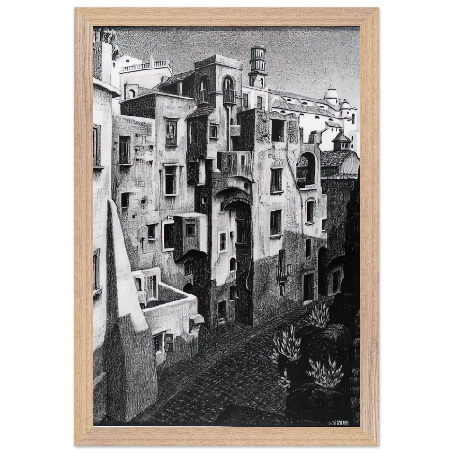 MC Escher - DILAPIDATED HOUSES IN ATRANI 1931 Wall Art - 60x80 cm / 24x32 inches - Premium Wooden Framed Poster With Fine Art Paper-canvas - Wood frame