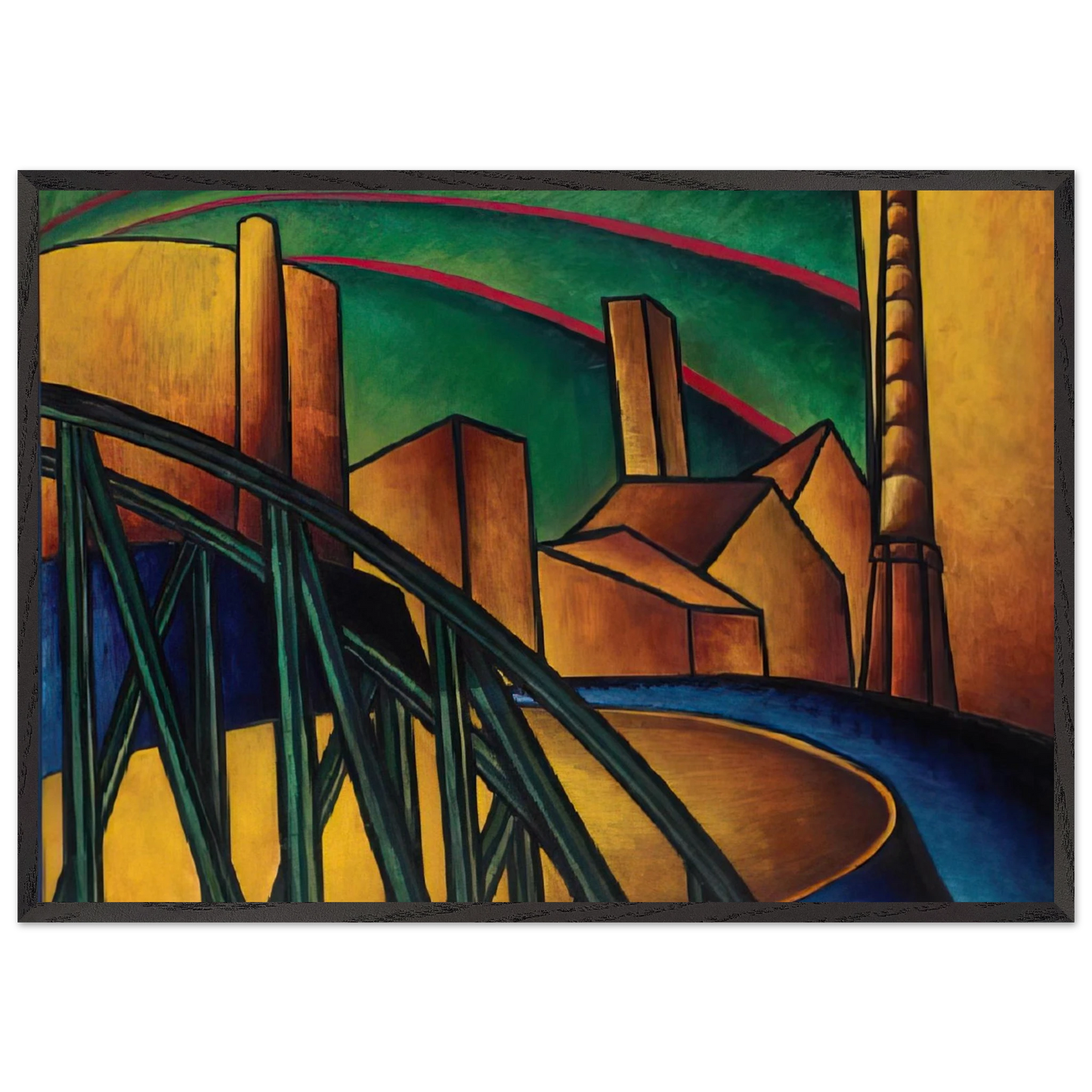 Landscape with Bridge at Obuda Hajogyar - Laszlo Moholy-Nagy 70x100 cm / 28x40 inches Framed Art Print – Black Wooden Frame