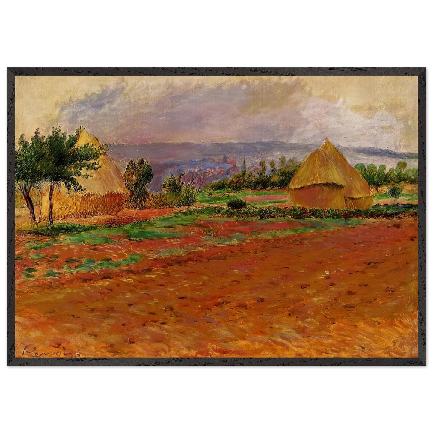 Field and Haystacks - Pierre-Auguste Renoir 70x100 cm / 28x40 inches Framed Art Print – Black Wooden Frame
