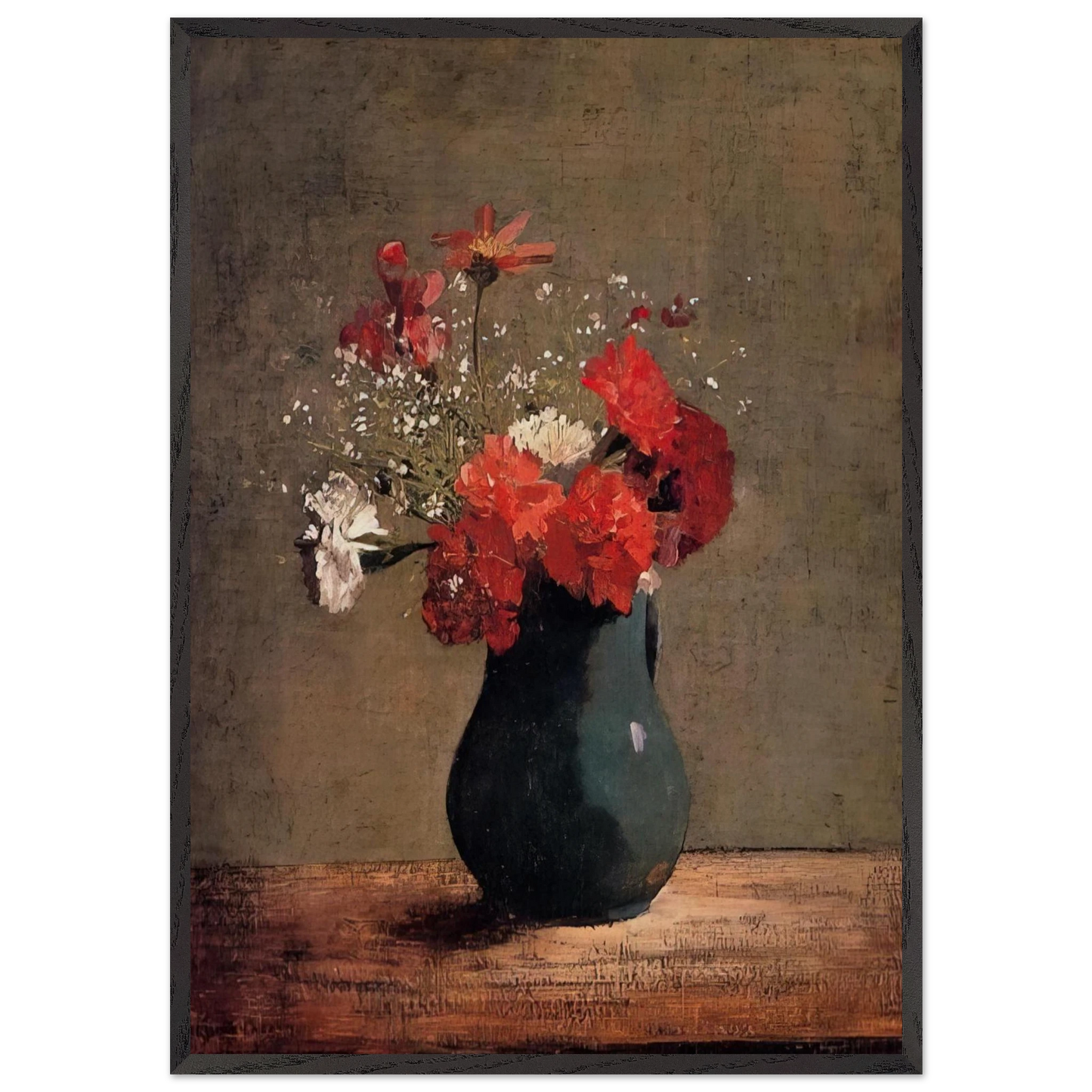 CARNATIONS AND BABY S BREATH IN A GREEN PITCHER - Odilon Redon 70x100 cm / 28x40 inches Framed Art Print – Black Wooden Frame