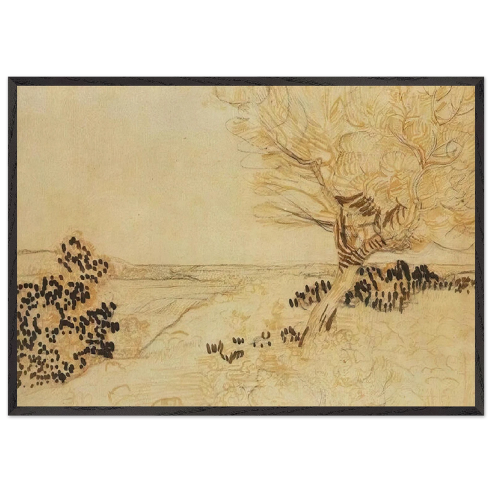 Landscape with a Tree in the Foreground - Vincent van Gogh 70x100 cm / 28x40 inches Framed Art Print – Black Wooden Frame