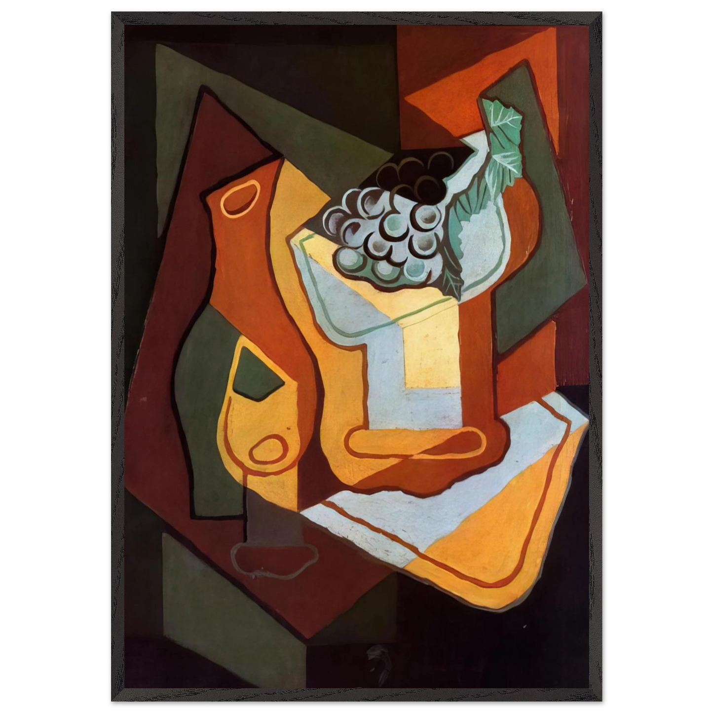 BOTTLE WINE GLASS AND FRUIT BOWL - Juan Gris 70x100 cm / 28x40 inches Framed Art Print – Black Wooden Frame