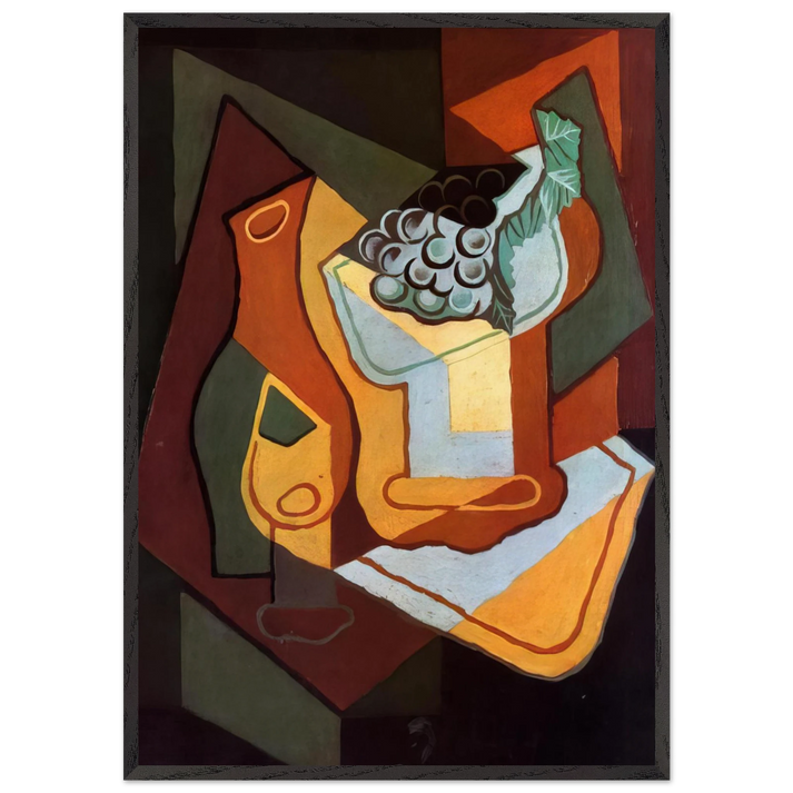 BOTTLE WINE GLASS AND FRUIT BOWL - Juan Gris 70x100 cm / 28x40 inches Framed Art Print – Black Wooden Frame