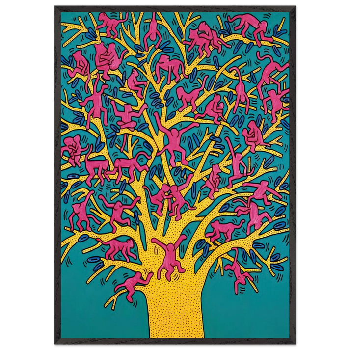 THE TREE OF MONKEYS N1 - Keith Haring 70x100 cm / 28x40 inches Framed Art Print – Black Wooden Frame | Keith Haring Art For Sale