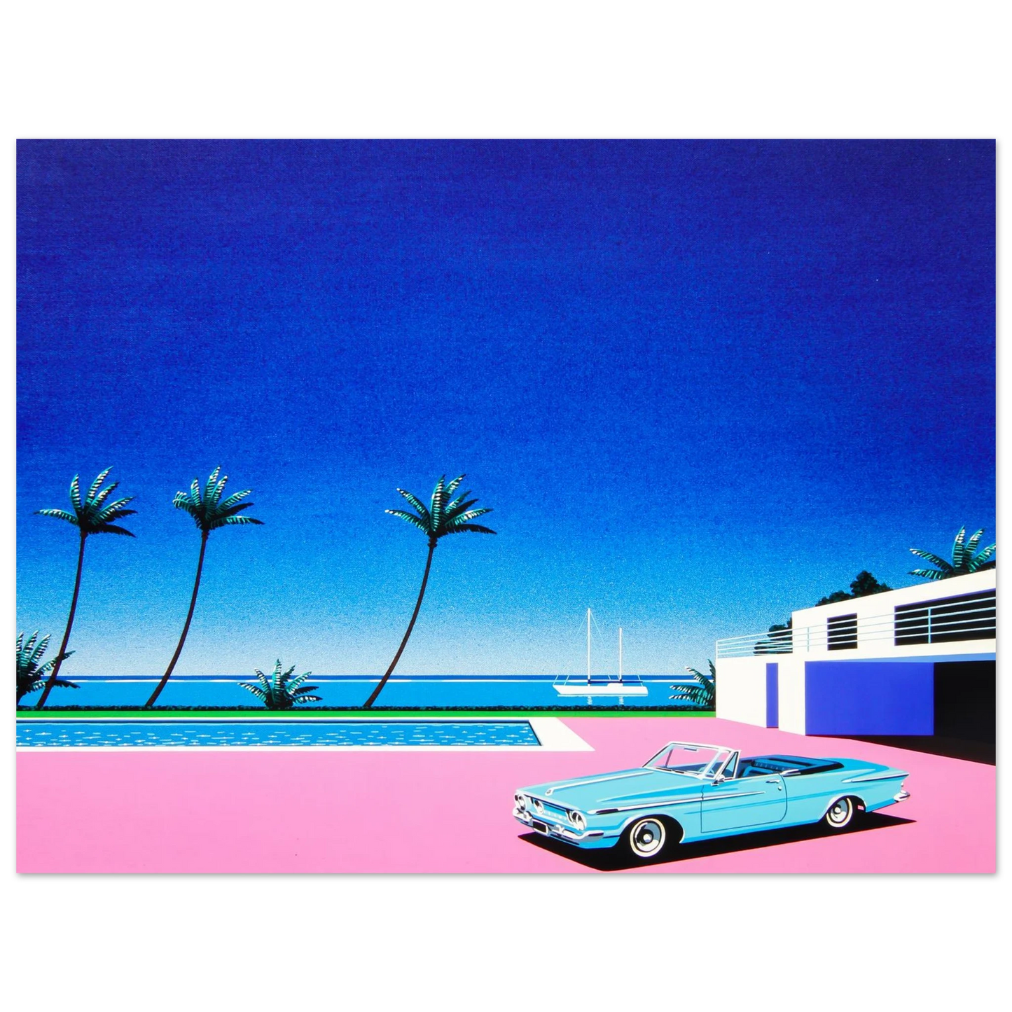 Hiroshi Nagai - Pink Driveway Wall Art - 60x80 cm / 24x32 inches - Premium Wooden Framed Poster With Fine Art Paper - Wood frame