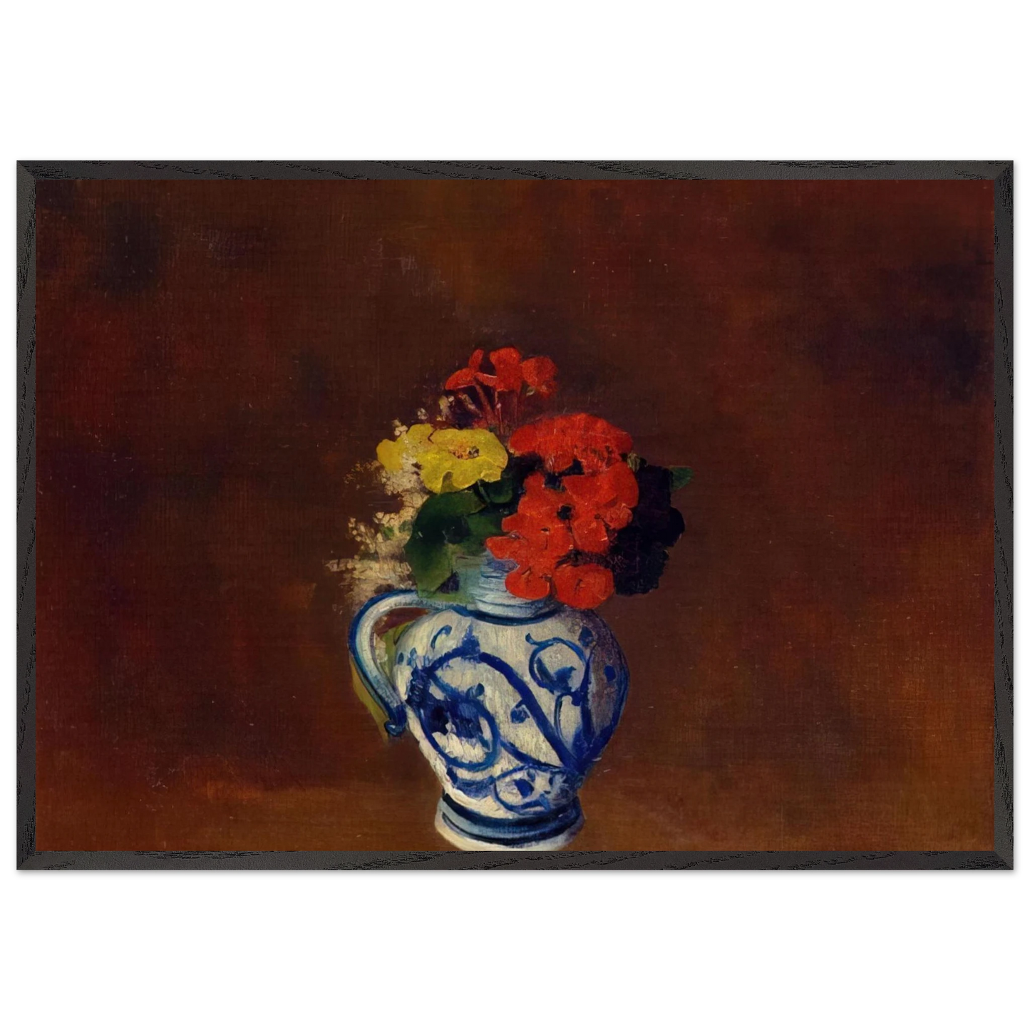 GERANIUMS AND OTHER FLOWERS IN A STONEWARE VASE - Odilon Redon 70x100 cm / 28x40 inches Framed Art Print – Black Wooden Frame