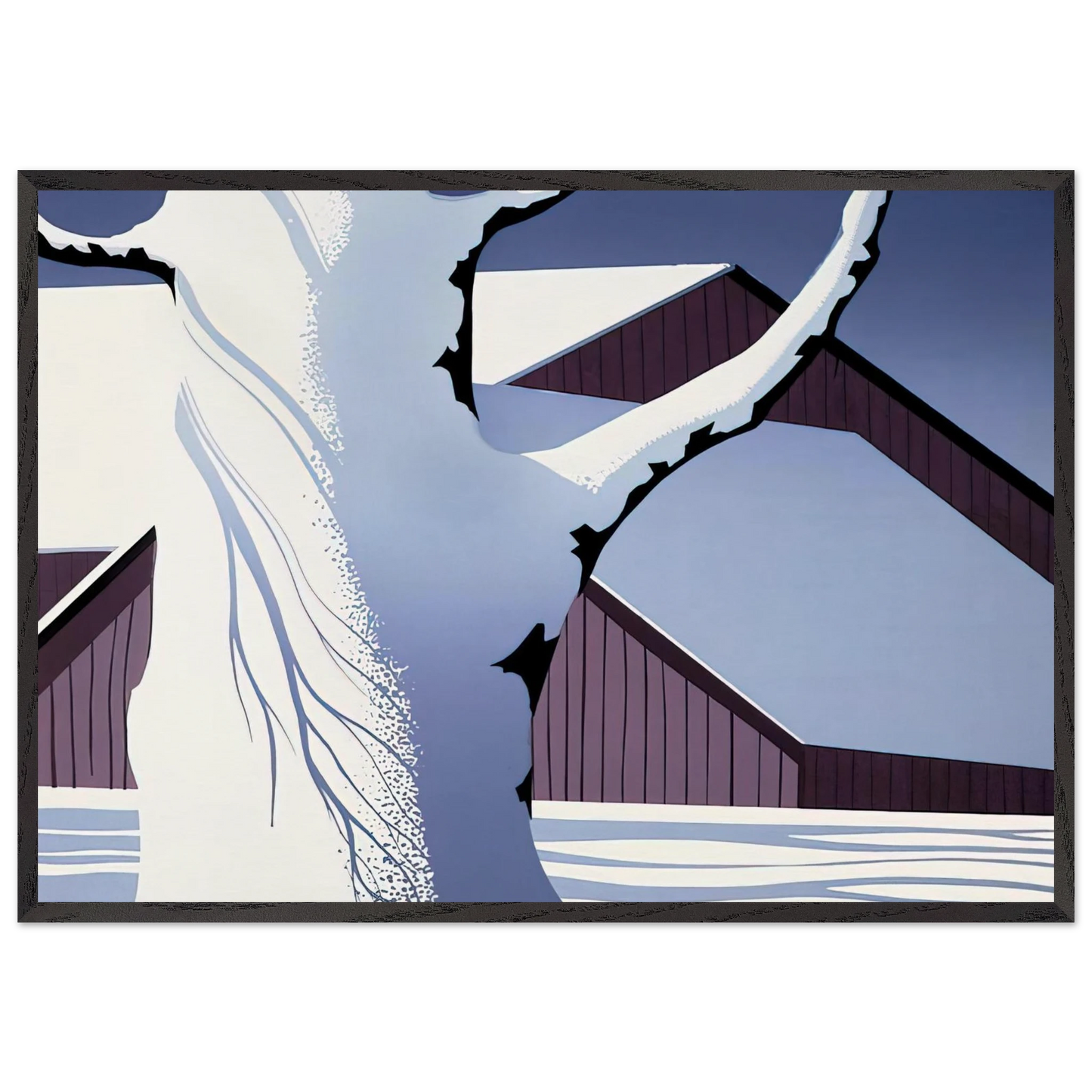 Red Barn and Tree Trunk - Eyvind Earle 70x100 cm / 28x40 inches Framed Art Print – Black Wooden Frame