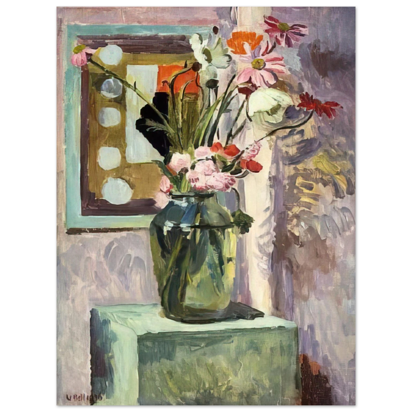 Vanessa Bell - FLOWERS IN A GLASS VASE WITH ABSTRACT NEEDLEWORK DESIGN Fine Art Poster - Default Title