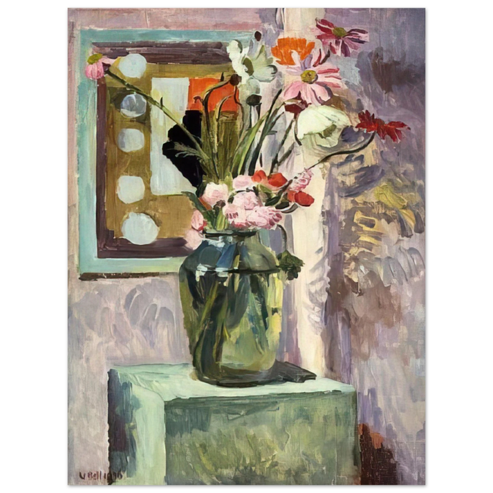Vanessa Bell - FLOWERS IN A GLASS VASE WITH ABSTRACT NEEDLEWORK DESIGN 75x100 cm / 30x40inches Fine Art Poster