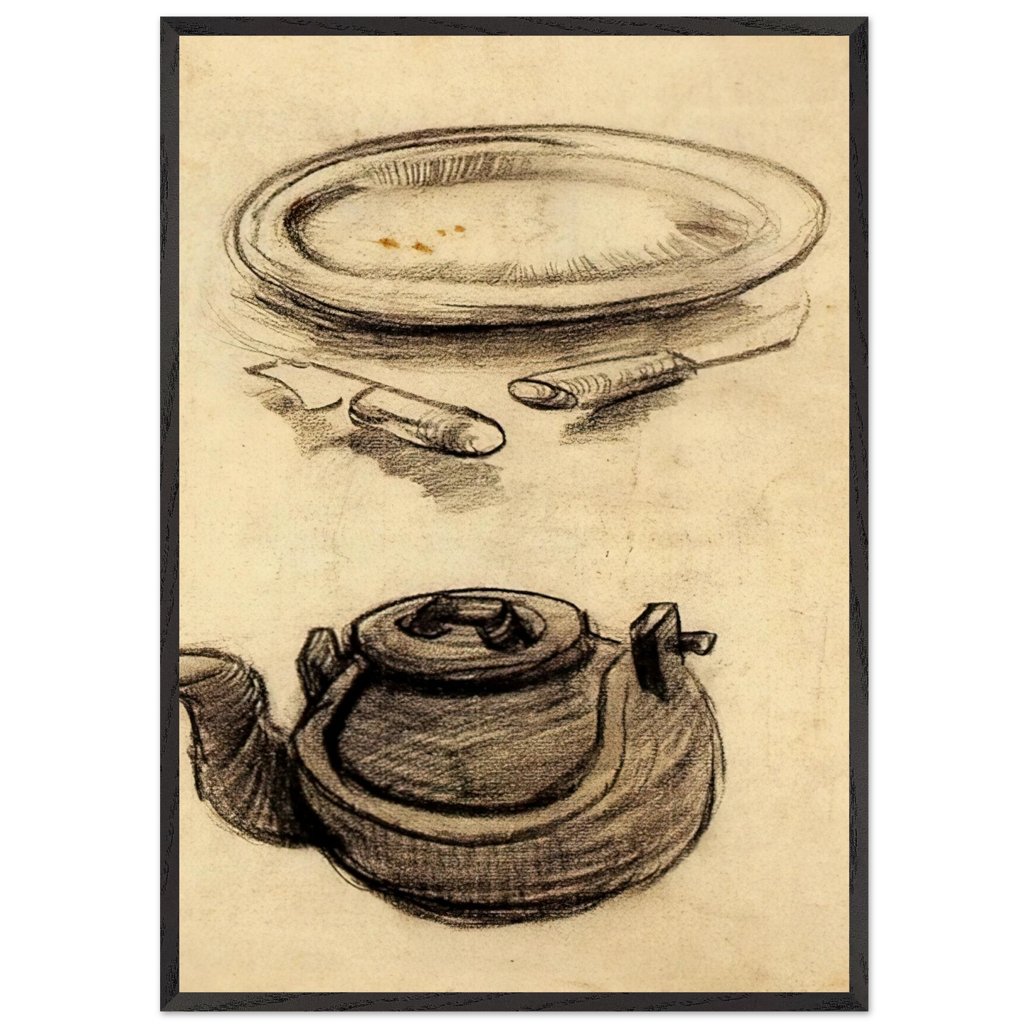 Plate with Cutlery and a Kettle - Vincent van Gogh Framed Art Print – Black Wooden Frame - Default Title - -Framed Art Print