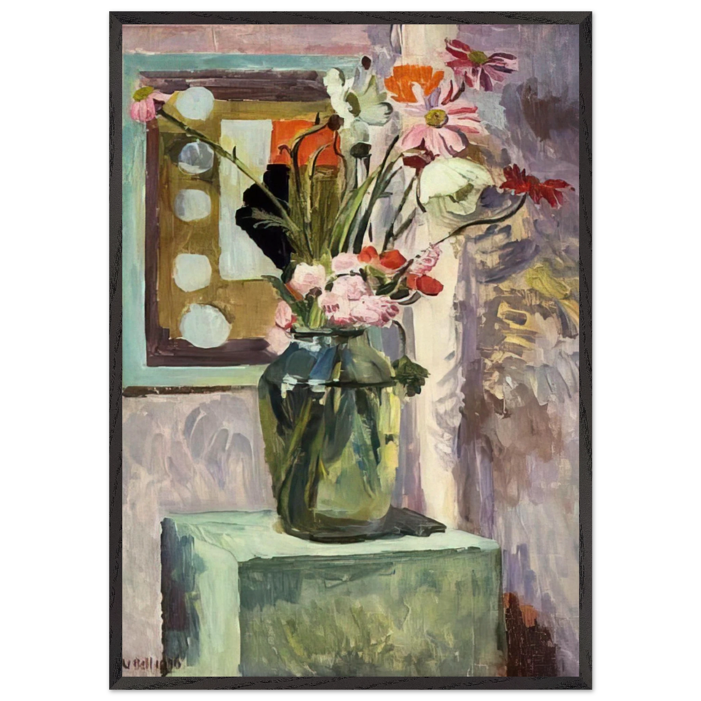 FLOWERS IN A GLASS VASE WITH ABSTRACT NEEDLEWORK DESIGN - Vanessa Bell 70x100 cm / 28x40 inches Framed Art Print – Black Wooden Frame