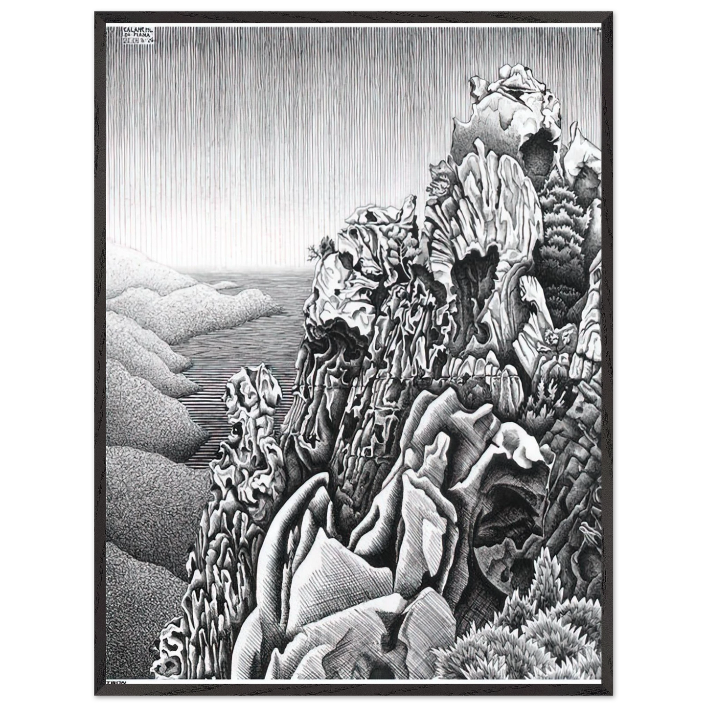 MC Escher - CALANQUES DE PIANA Wall Art - 21x29.7 cm / 8x12" - Premium Wooden Framed Poster With Fine Art Paper - White frame