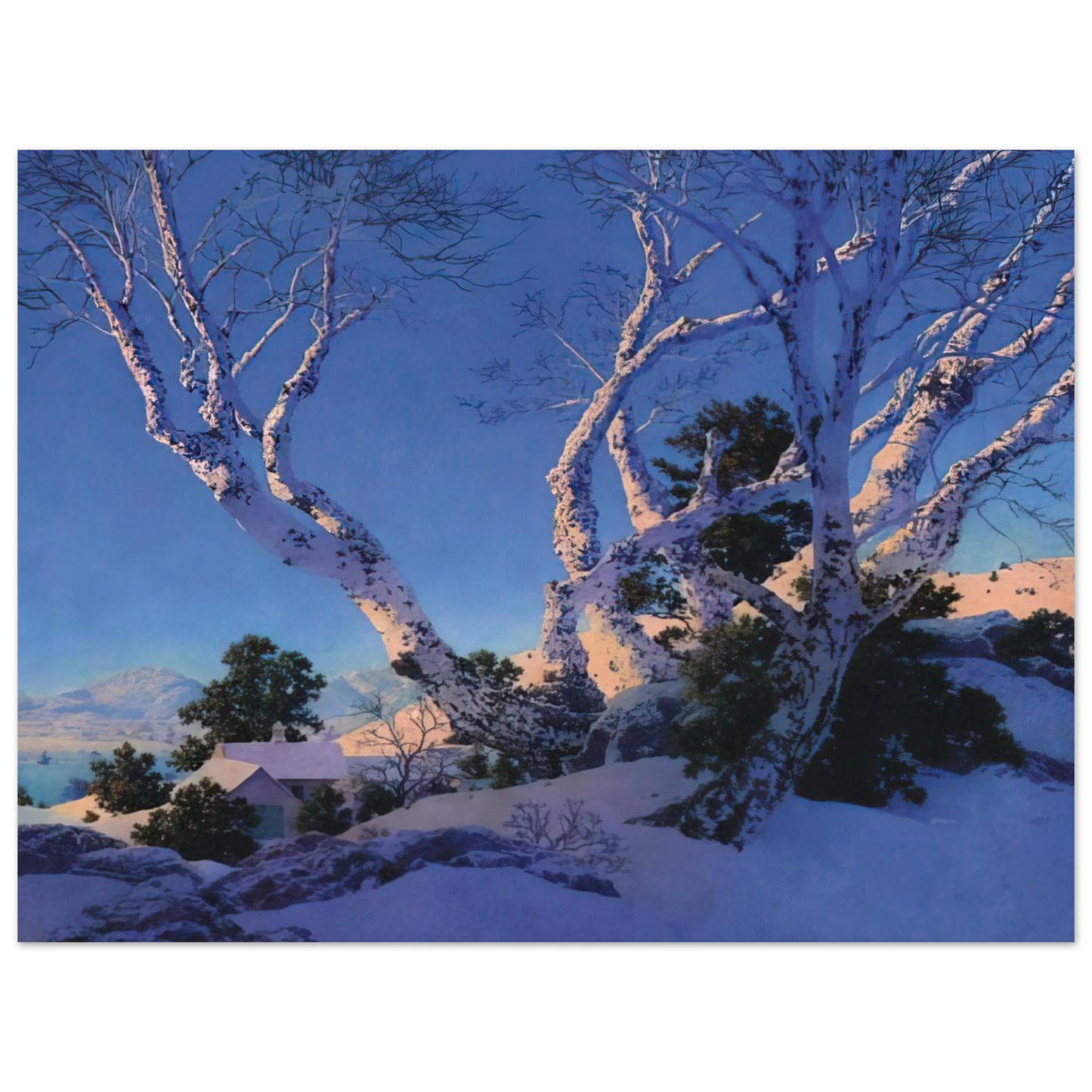 Maxfield Parrish - Birches in Winter Wall Art - 30x40 cm / 12x16 inches - Premium Wooden Framed Poster With Fine Art Paper - White frame