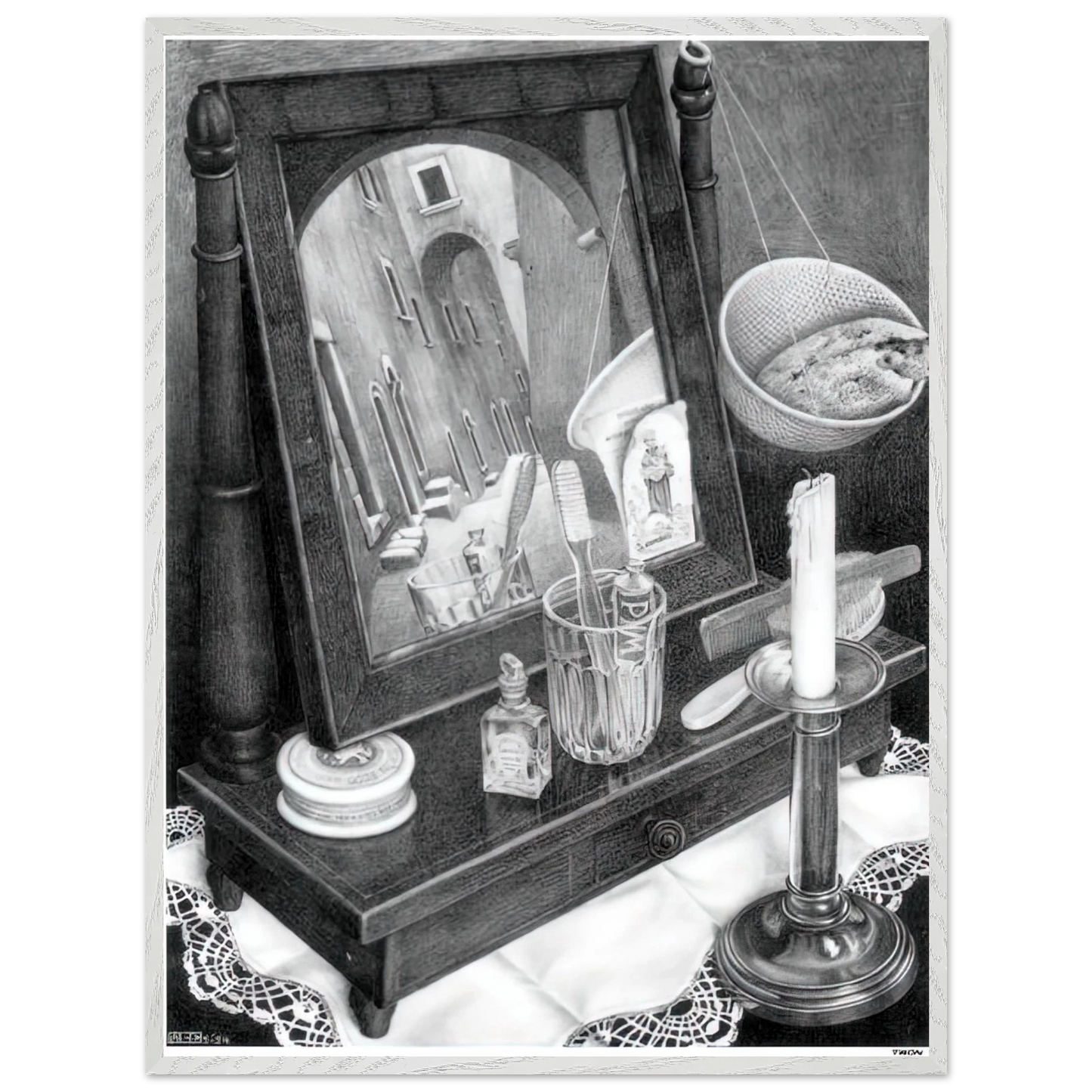 MC Escher - CANDLE MIRROR Wall Art - 60x80 cm / 24x32 inches - Premium Wooden Framed Poster With Fine Art Paper-canvas - White frame