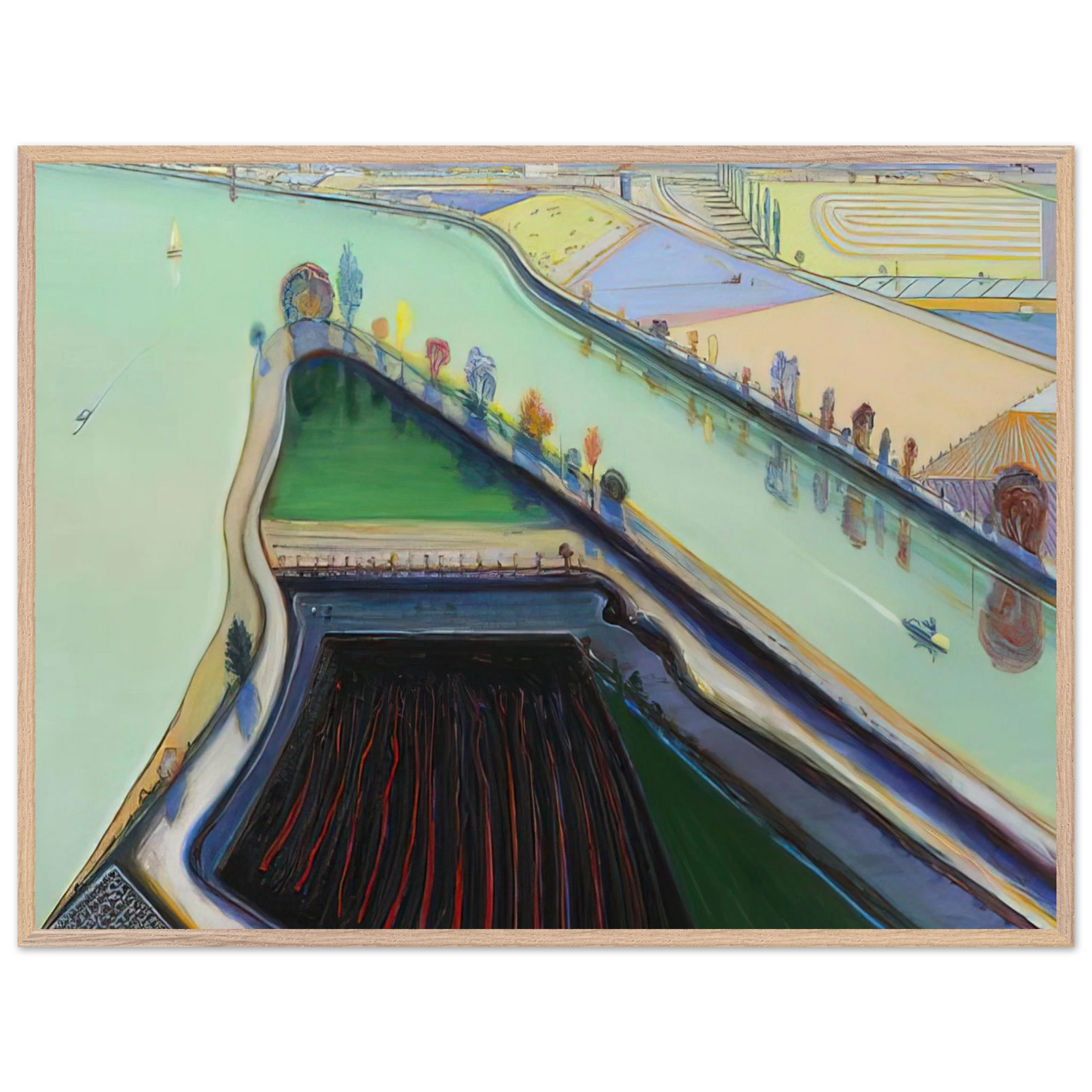 Wayne Thiebaud - River Boats - 2001 Wall Art - 60x80 cm / 24x32 inches - Premium Wooden Framed Poster With Fine Art Paper-canvas - Wood frame