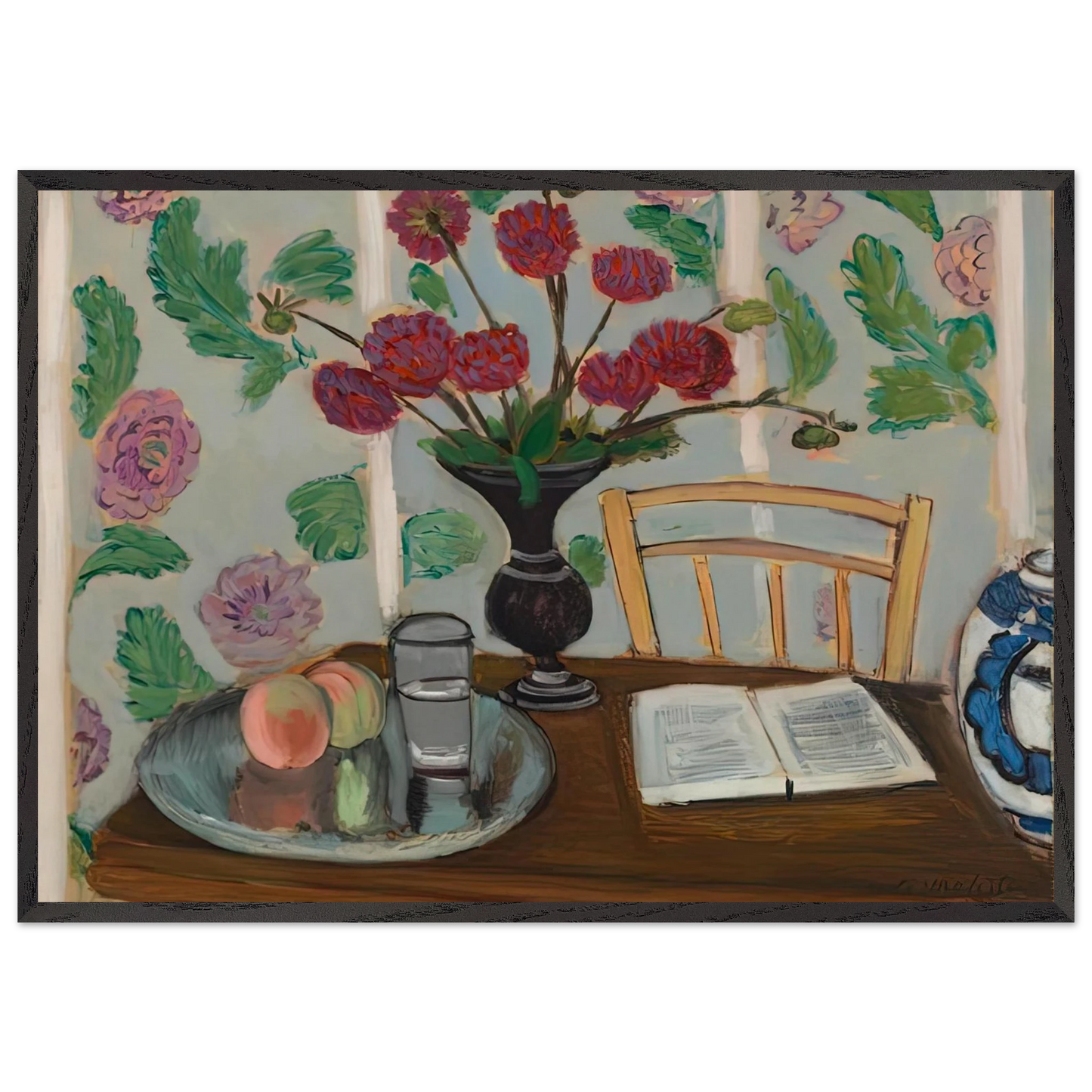 STILL LIFE BOUQUET OF DAHLIAS AND WHITE BOOK 1923 - Henri Matisse 70x100 cm / 28x40 inches Framed Art Print – Black Wooden Frame