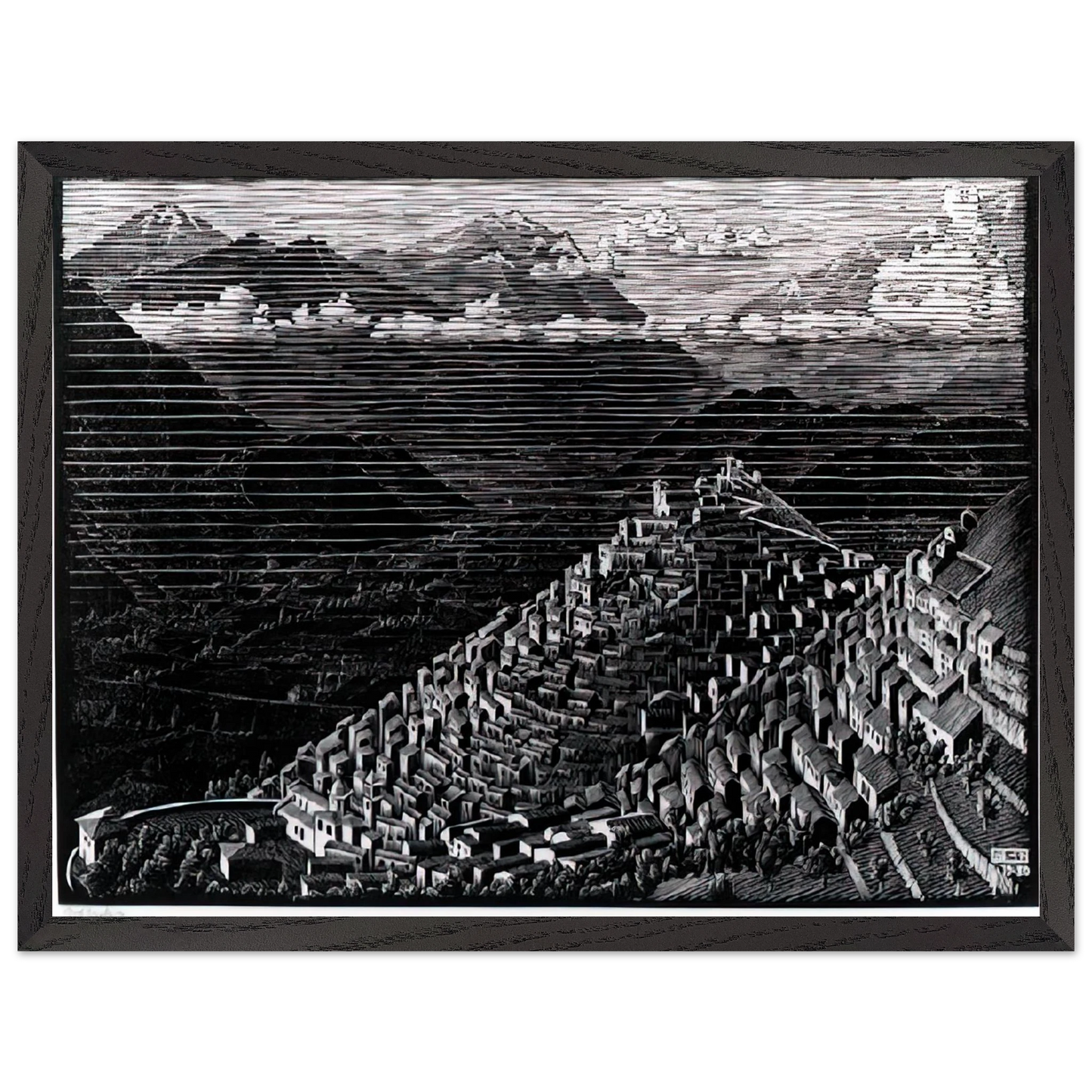 MC Escher - MORANO CALABRIA Wall Art - 60x80 cm / 24x32 inches - Premium Wooden Framed Poster With Fine Art Paper - White frame