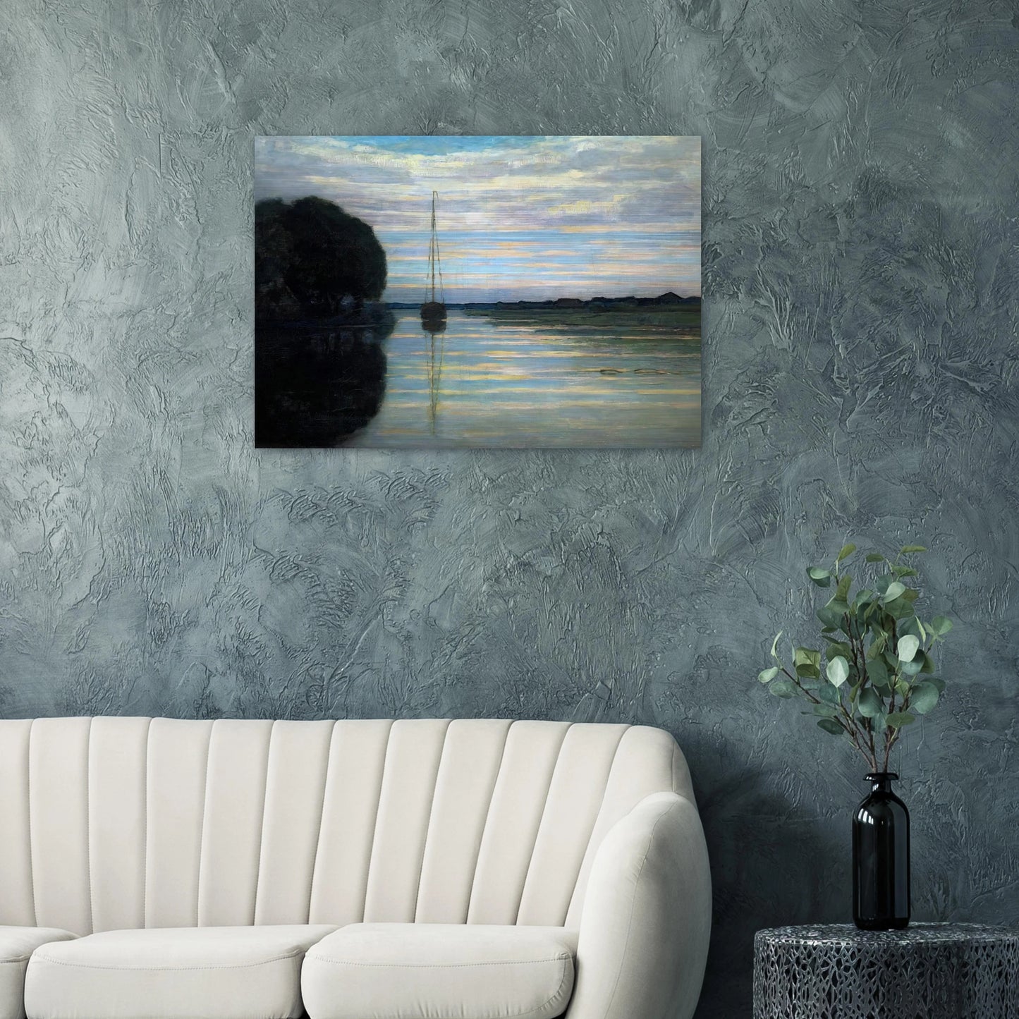 River view with a boat Sun - Piet Mondrian Brushed Aluminum Print - 70x100 cm / 28x40 inches | Piet Mondrian Aluminum Print | Piet Mondrian Prints