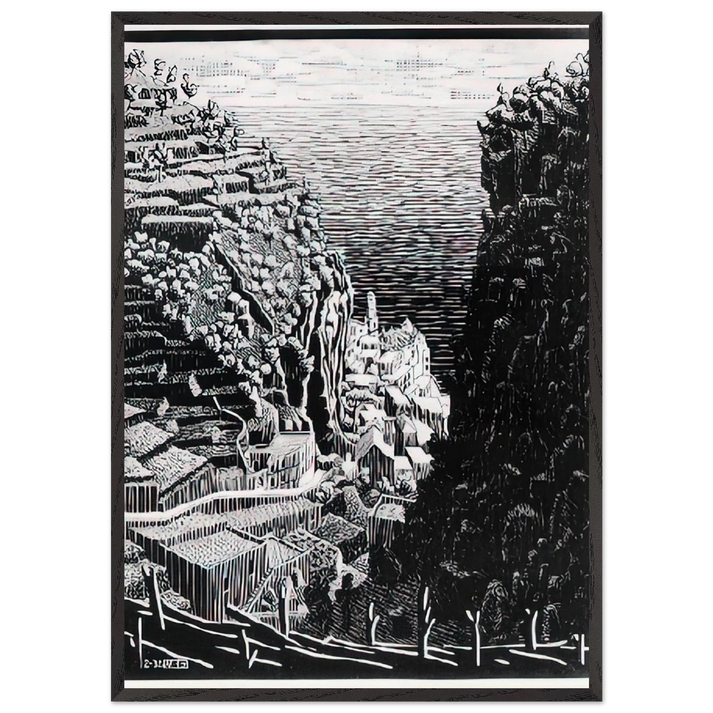 ATRANI COAST OF AMALFI 1 - MC Escher 70x100 cm / 28x40 inches Framed Art Print – Black Wooden Frame | Maurits Cornelis Escher Prints