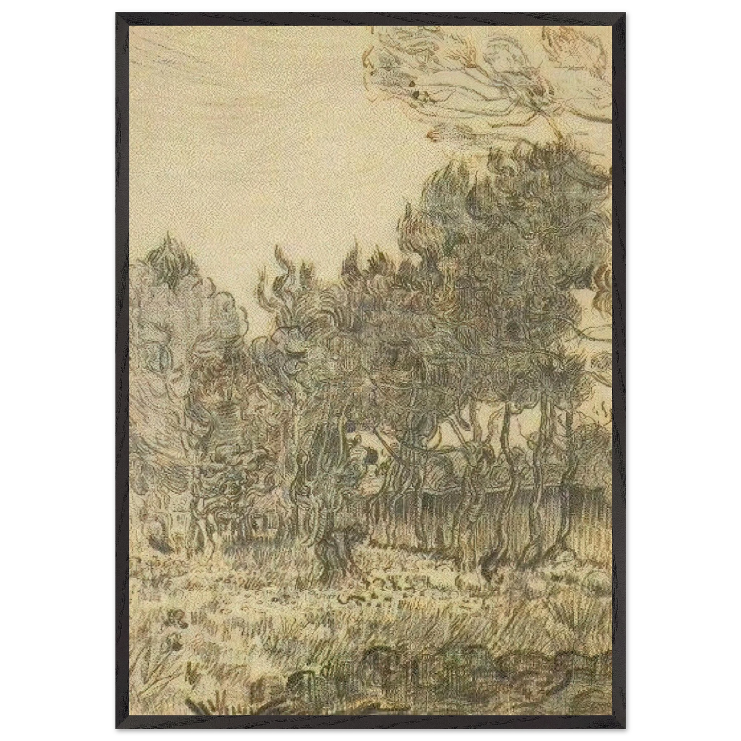 Pine Trees near the Wall of the Asylum - Vincent van Gogh Framed Art Print – Black Wooden Frame - Default Title - -Framed Art Print