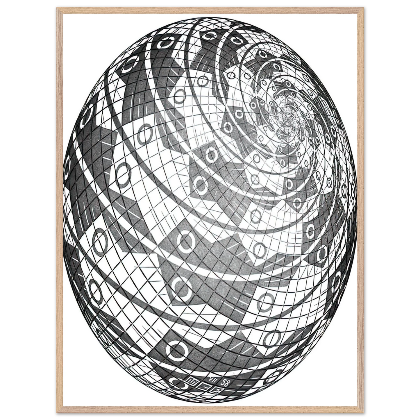 MC Escher - SPHERE SURFACE WITH FISHES Wall Art - 60x80 cm / 24x32 inches - Premium Wooden Framed Poster With Fine Art Paper - Black frame