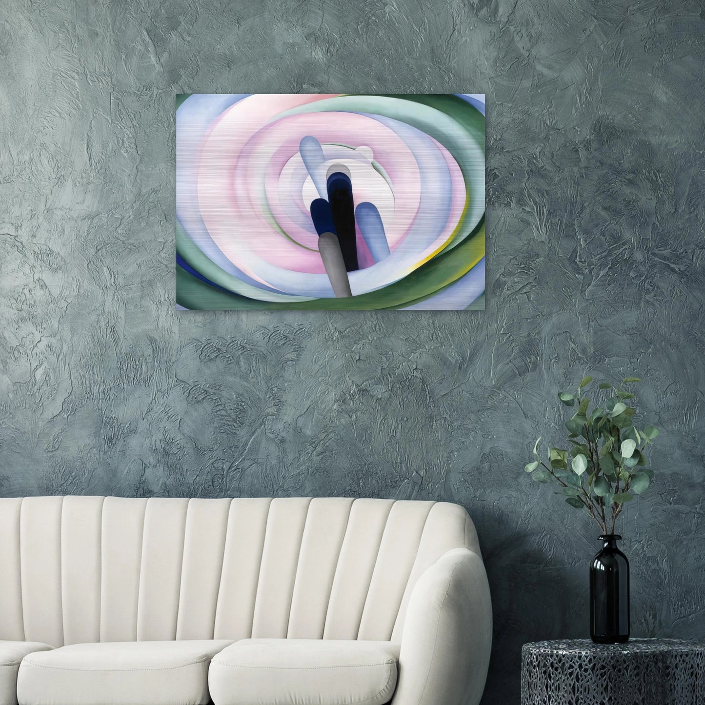 Grey Blue and Black, Pink Circle - Georgia O'Keeffe Brushed Aluminum Print - 70x100 cm / 28x40 inches | Georgia O'Keeffe Aluminum Print | Georgia O'Keeffe Prints