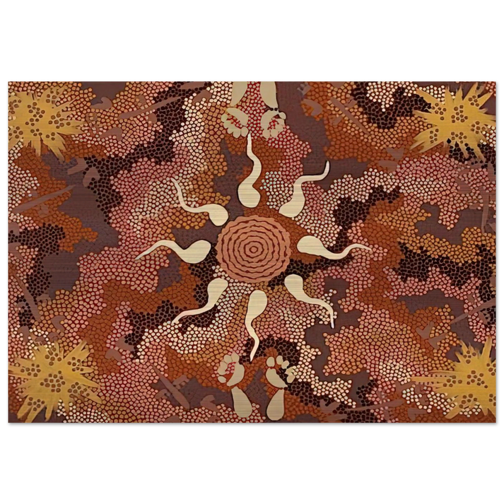 Bush Tucker and Kangaroo Dreaming at Mount Denison - 1993 - Clifford Possum Tjapaltjarri Brushed Aluminum Print - 70x100 cm / 28x40 inches | Clifford Possum Tjapaltjarri Aluminum Print | Clifford Possum Tjapaltjarri Prints
