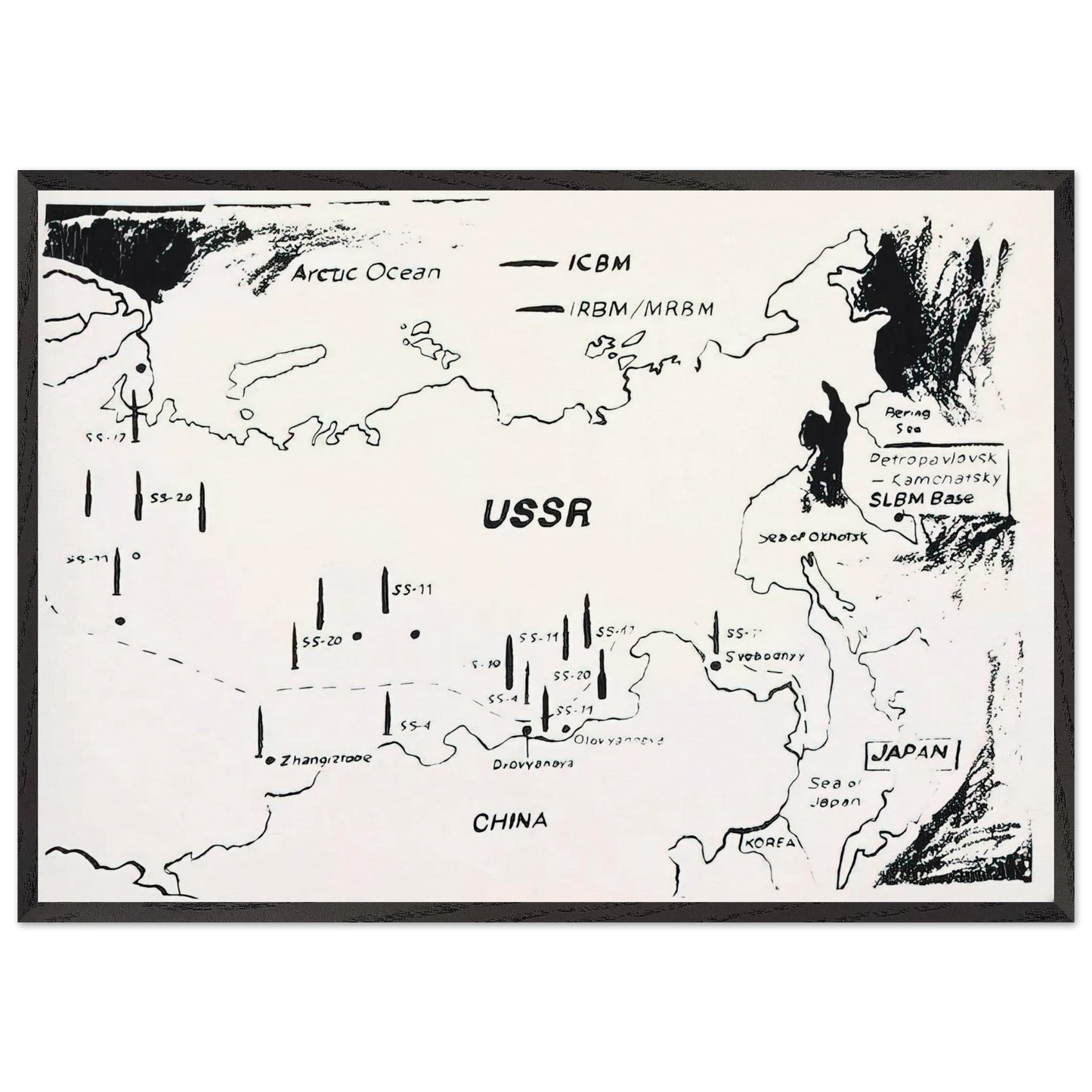 Map of Eastern USSR Missile Bases - Andy Warhol Framed Art Print – Black Wooden Frame - Default Title - -Framed Art Print