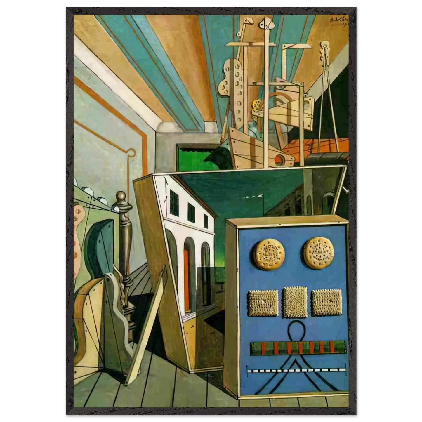 METAPHYSICAL INTERIOR WITH BISCUITS 1916 - Giorgio de Chirico 70x100 cm / 28x40 inches Framed Art Print – Black Wooden Frame
