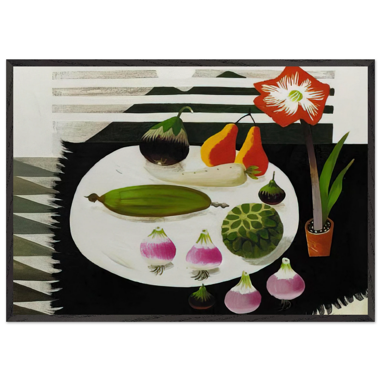 Still life with pears and onions - 1992 - Mary Fedden 70x100 cm / 28x40 inches Framed Art Print – Black Wooden Frame